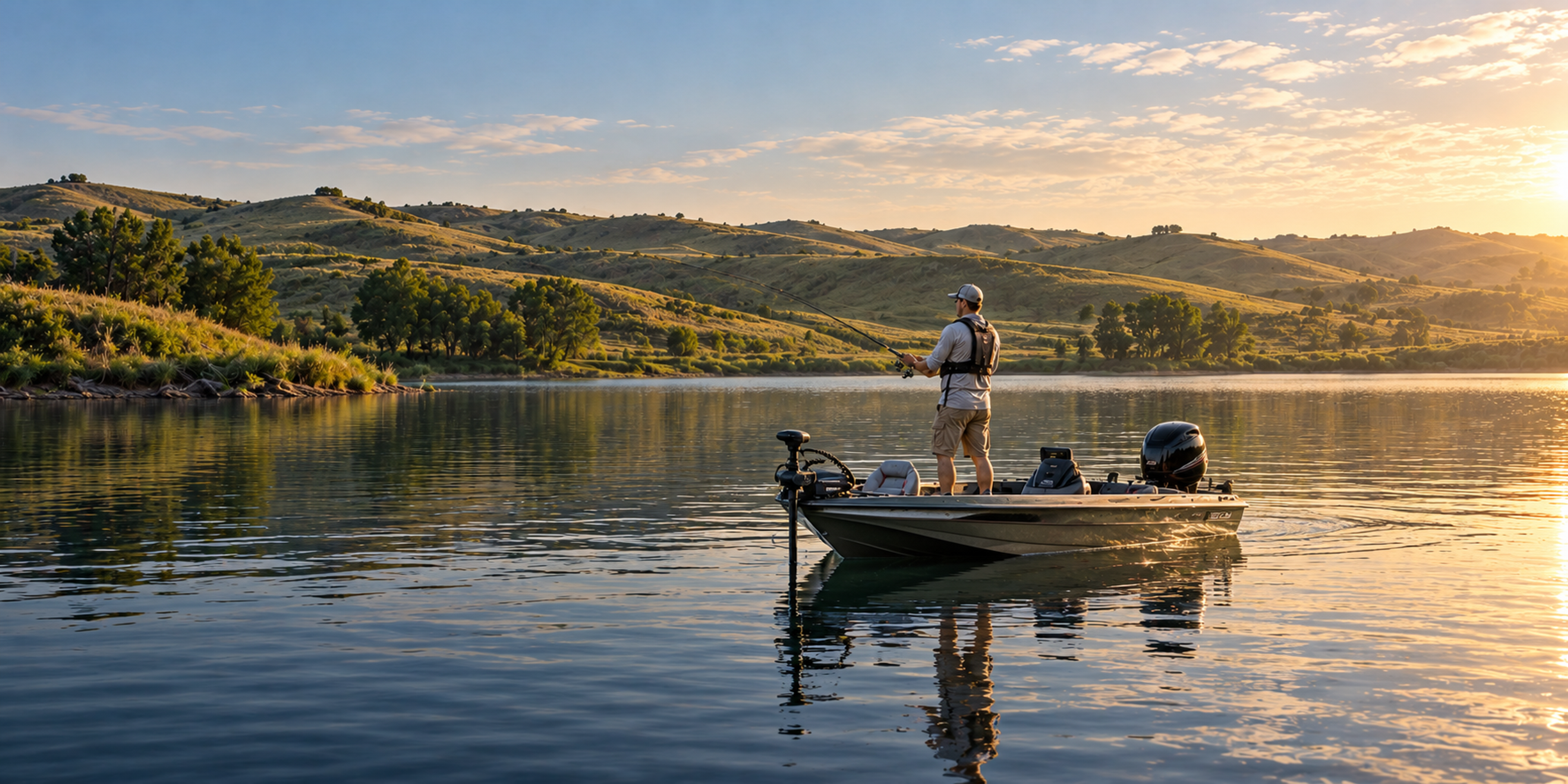 An angler fishes from a bass boat on a calm lake bordered by rolling grassy hills at golden hour.