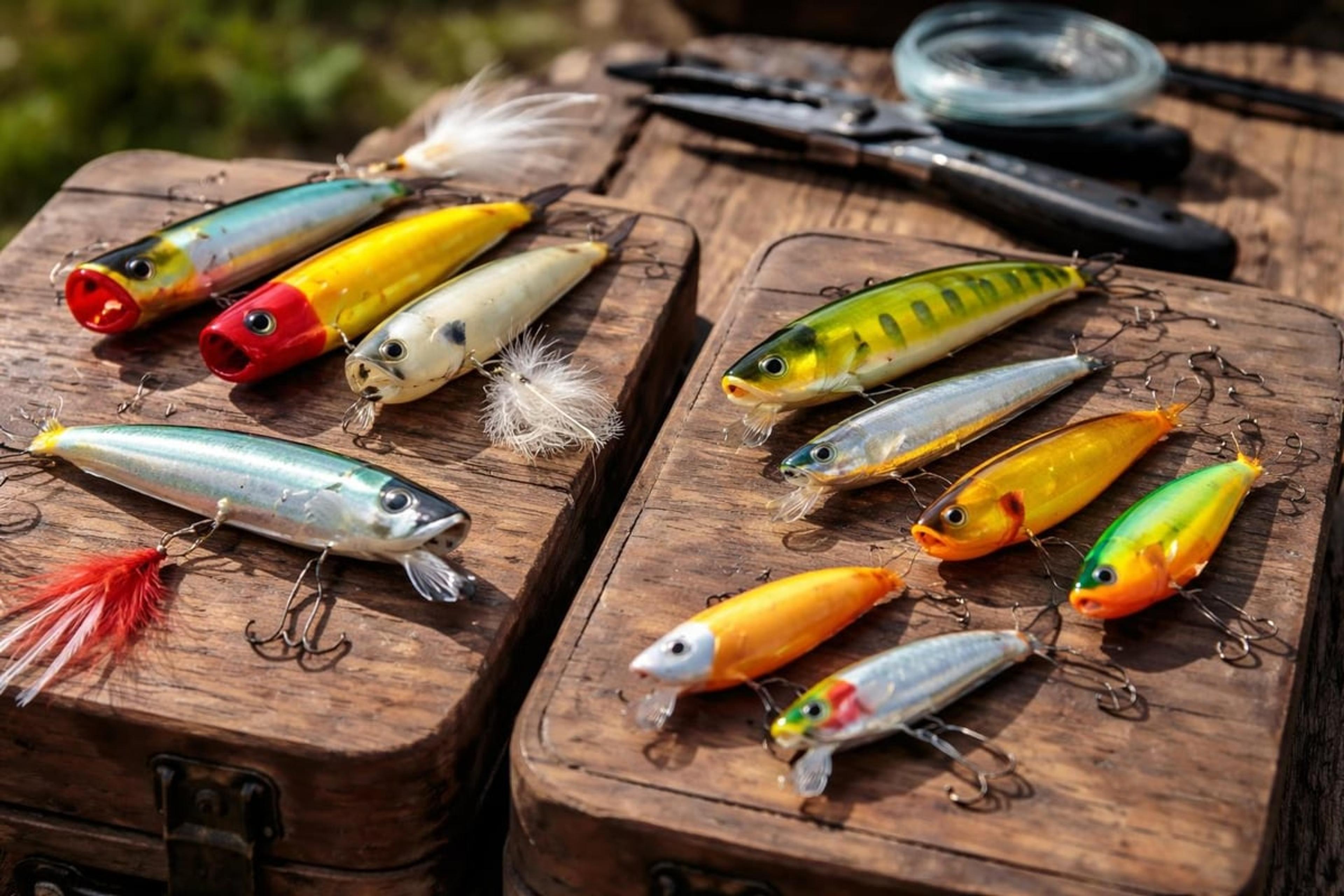 Topwater poppers, prop baits and jerkbaits in bright colours laid on two wooden tackle boxes