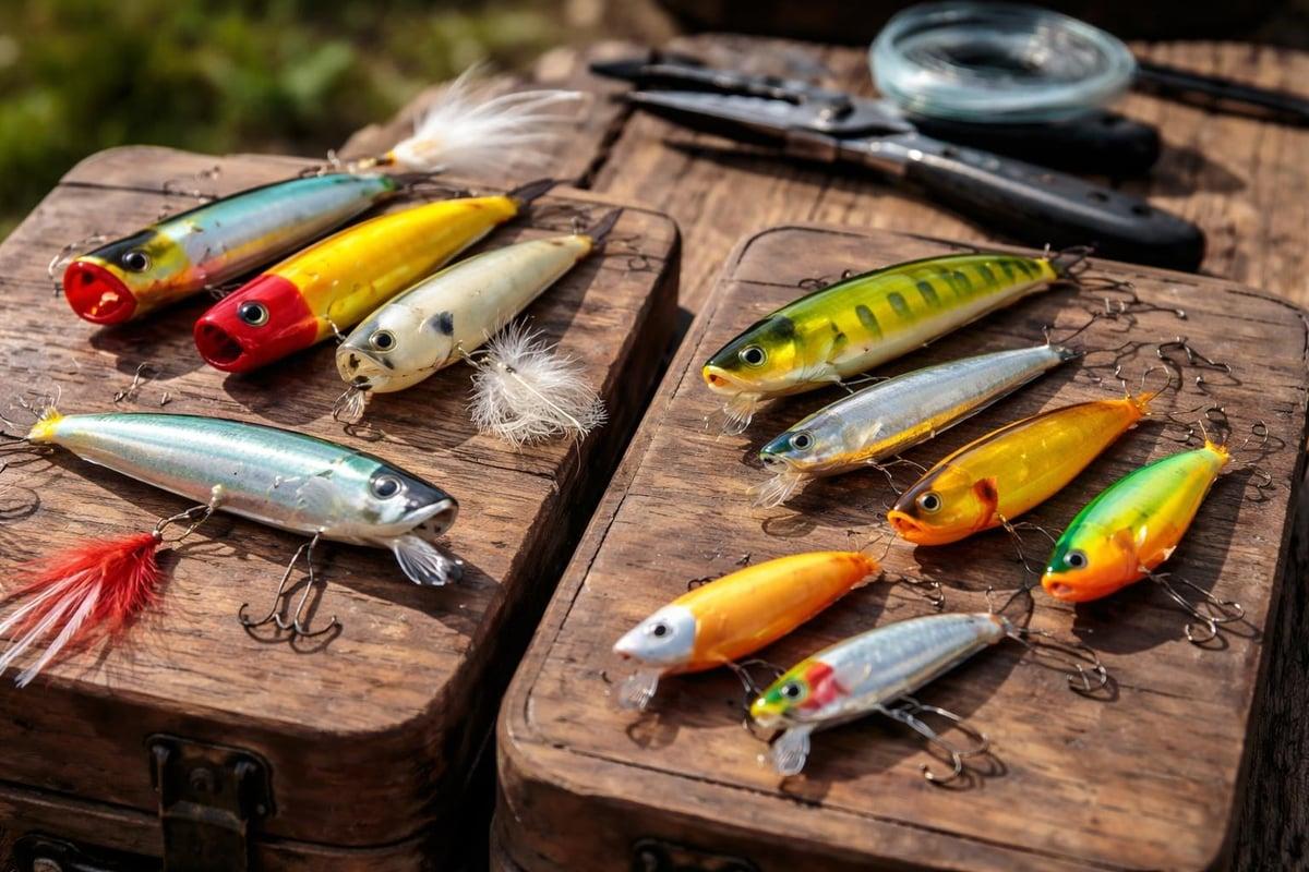 Topwater poppers, prop baits and jerkbaits in bright colours laid on two wooden tackle boxes
