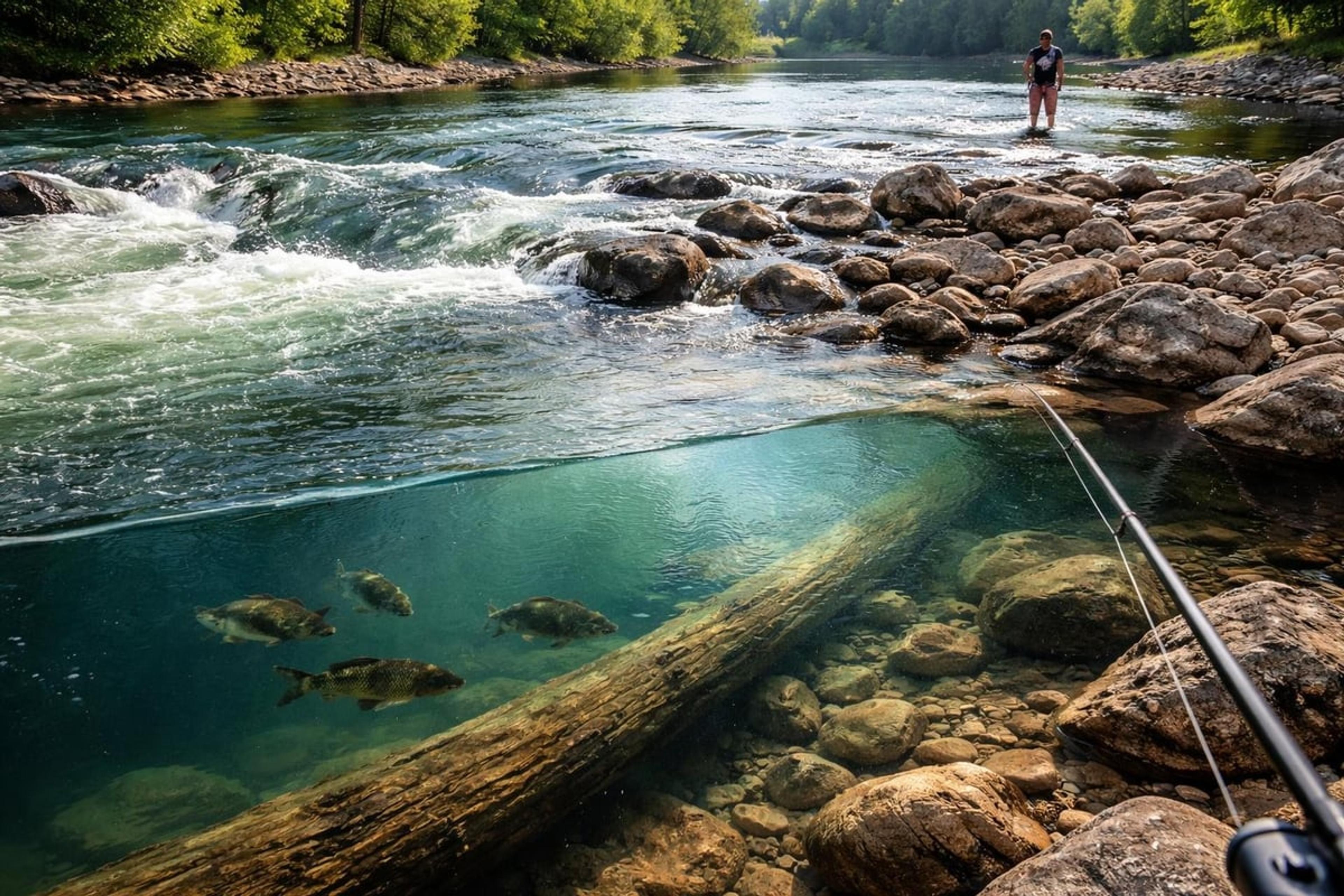 River scene split above and below the waterline, showing fast water over rocks and fish holding beside a submerged log on a rocky bottom