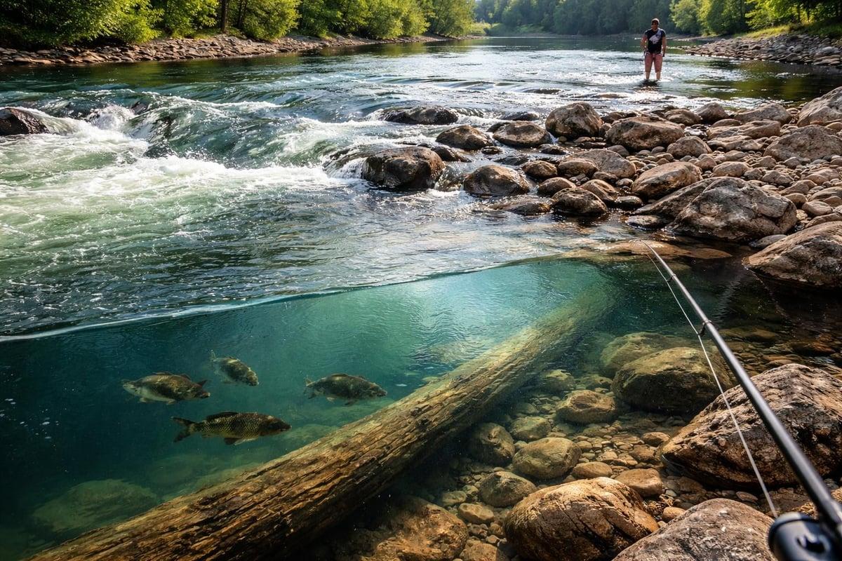 River scene split above and below the waterline, showing fast water over rocks and fish holding beside a submerged log on a rocky bottom