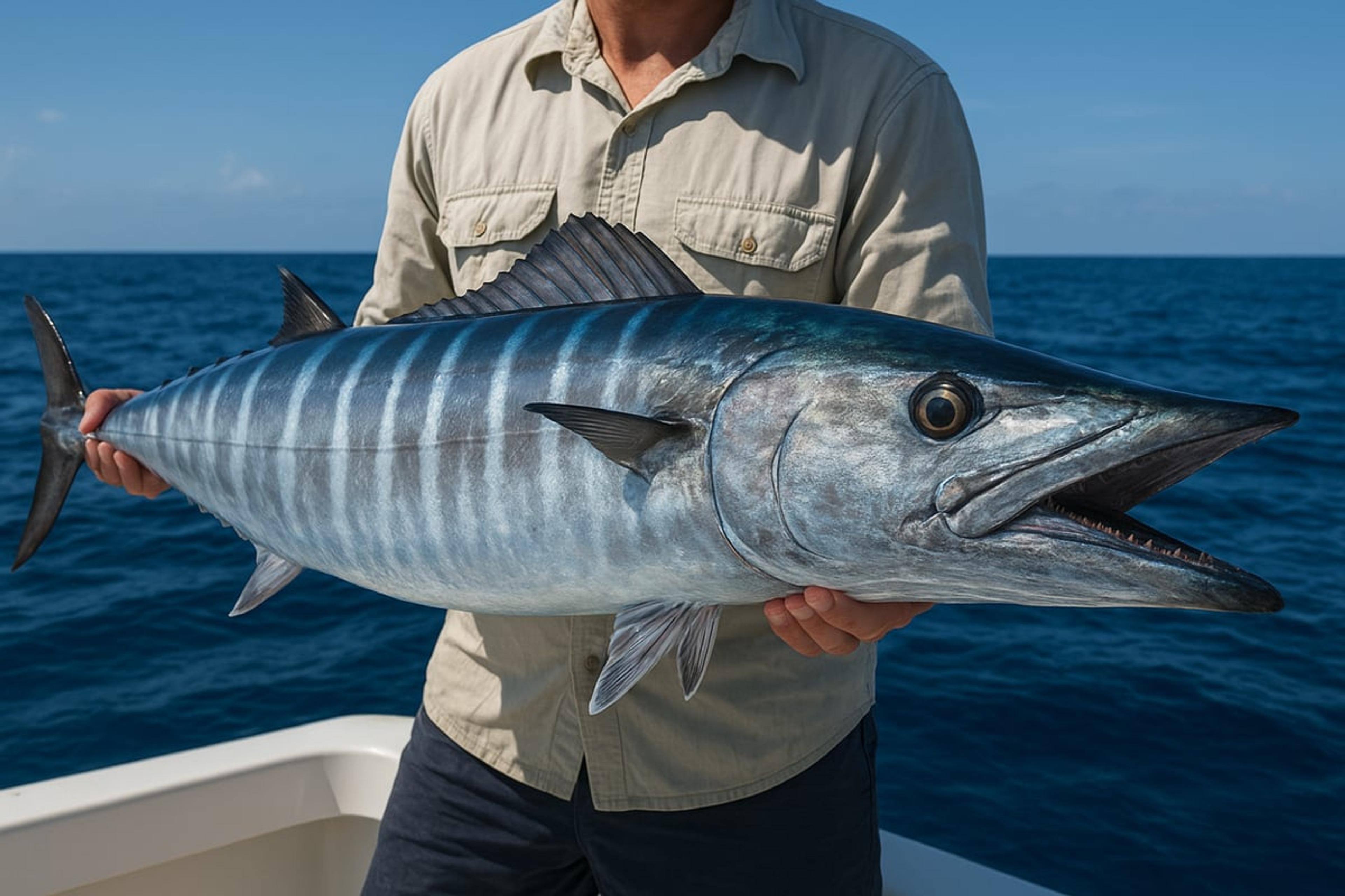 Angler on a boat holding a large wahoo, showing its long pointed snout and vertical bars