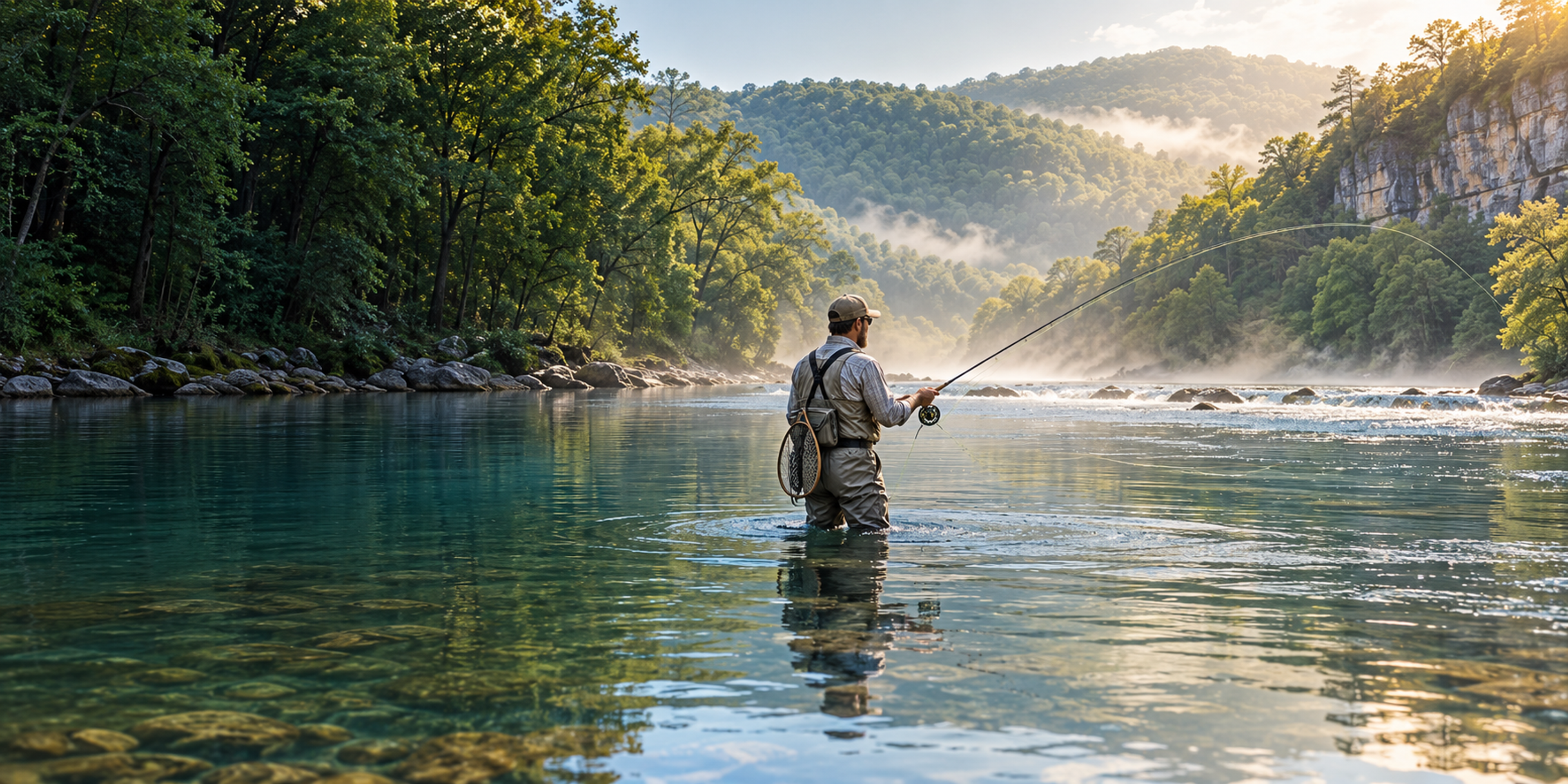 A fly angler with a landing net wades a clear river below forested hills, limestone bluffs and morning mist.