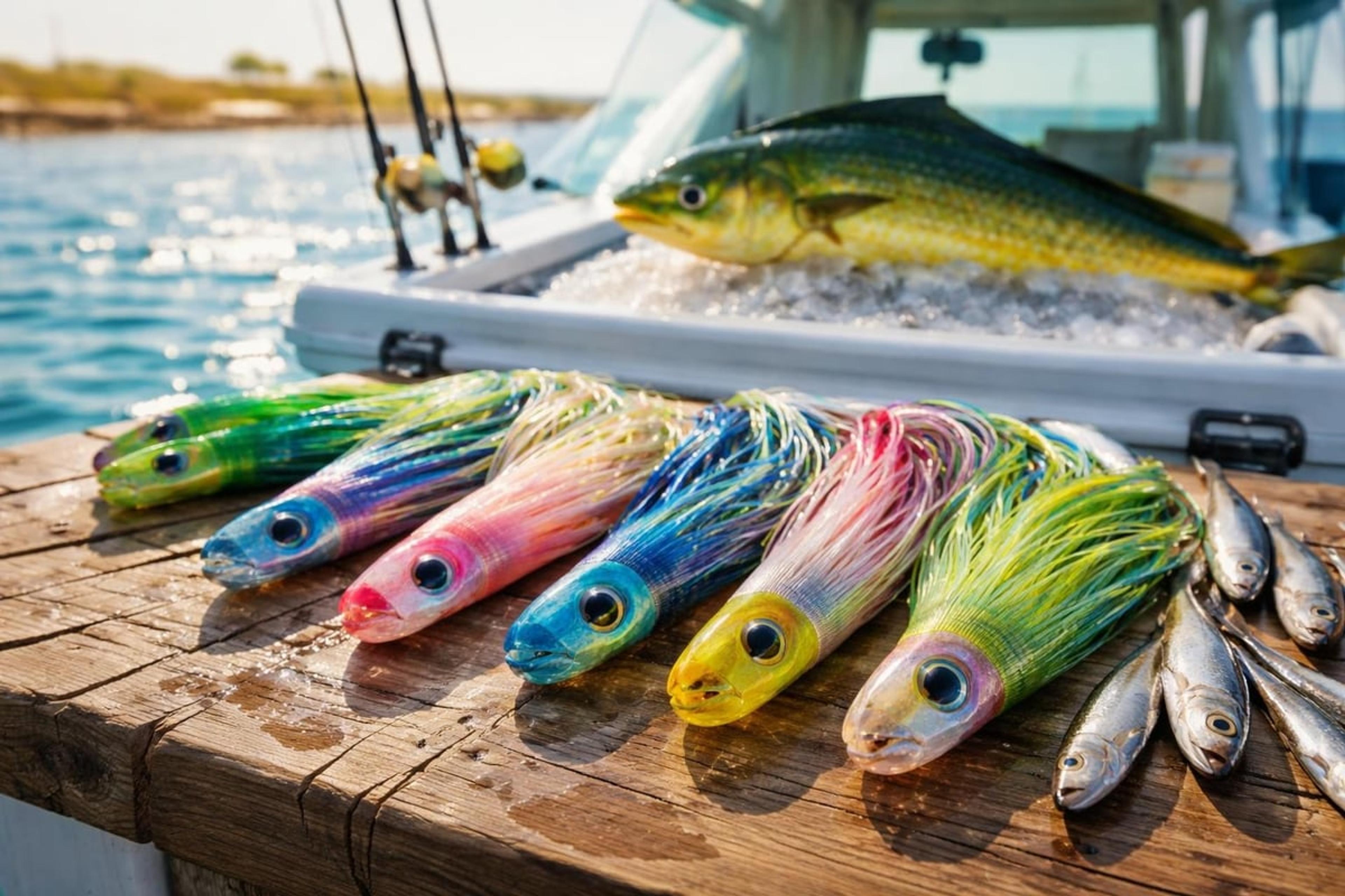 Row of colorful skirted trolling lures and small baitfish on a wooden table, with a mahi-mahi on ice in a cooler behind