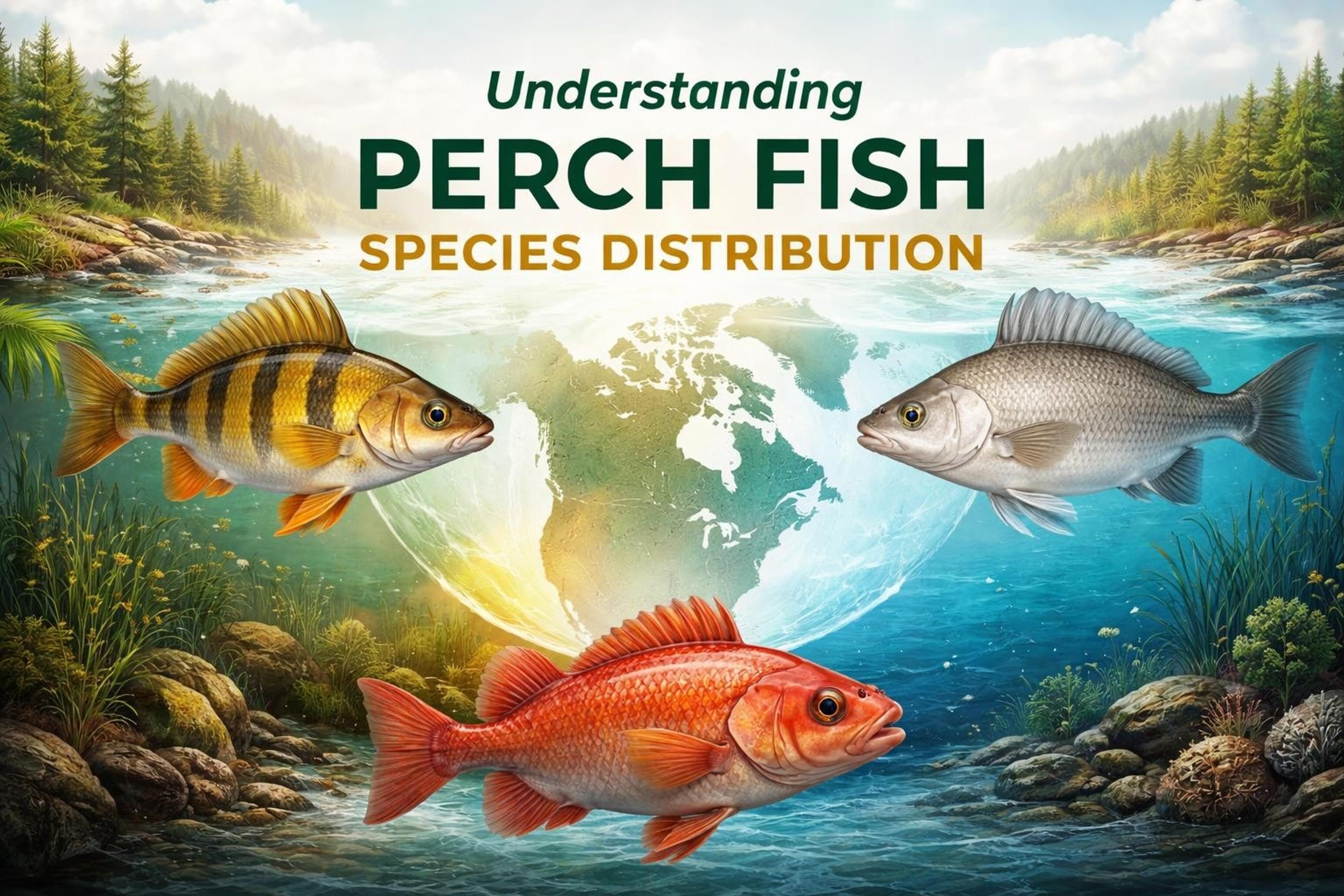 Title graphic reading “Understanding Perch Fish – Species Distribution” with three perch — yellow, silver and red — arranged around a globe