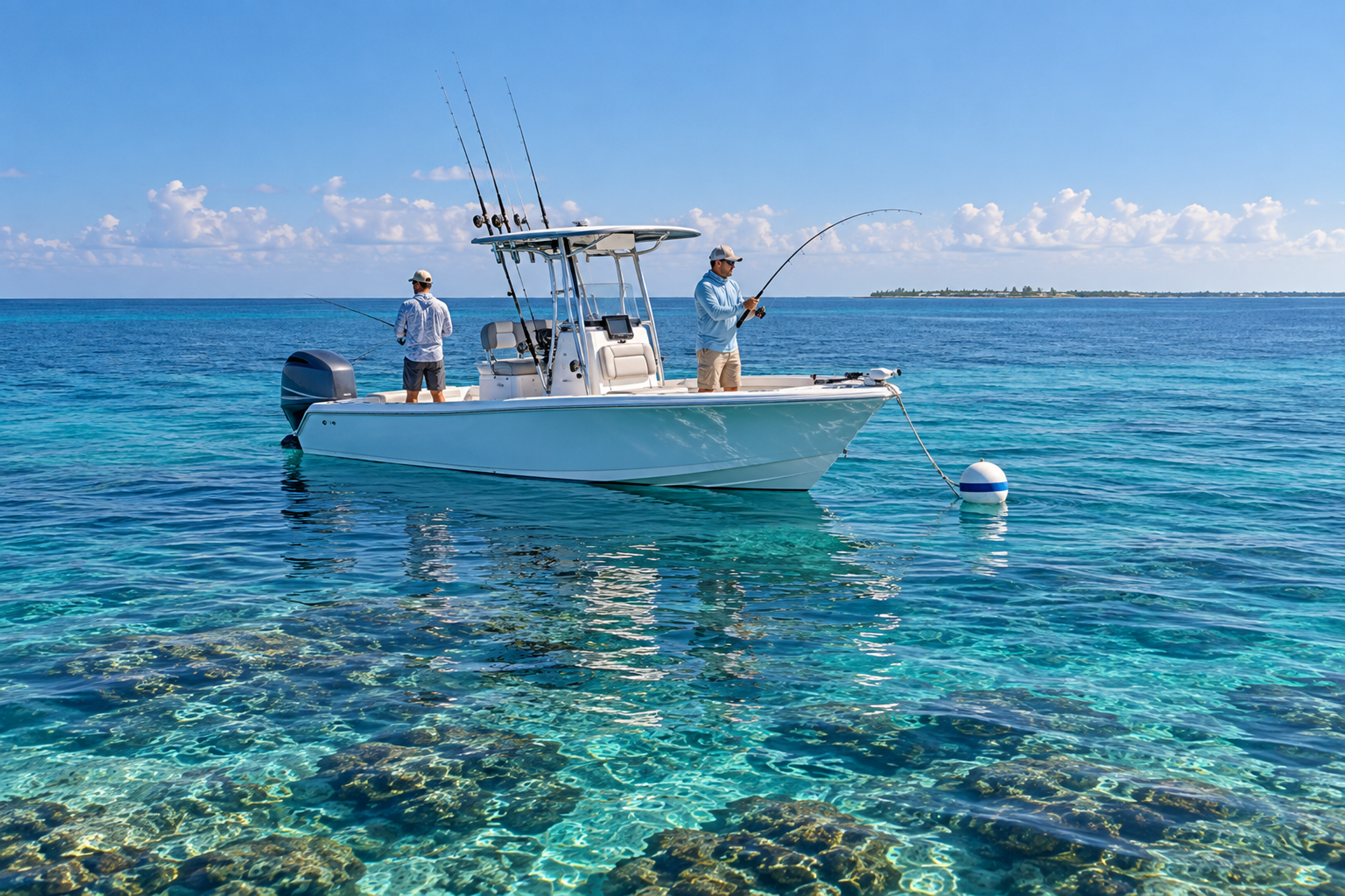 Two anglers fish from a center-console boat tied to a white mooring buoy over clear turquoise water and coral reef, with a low island on the horizon.