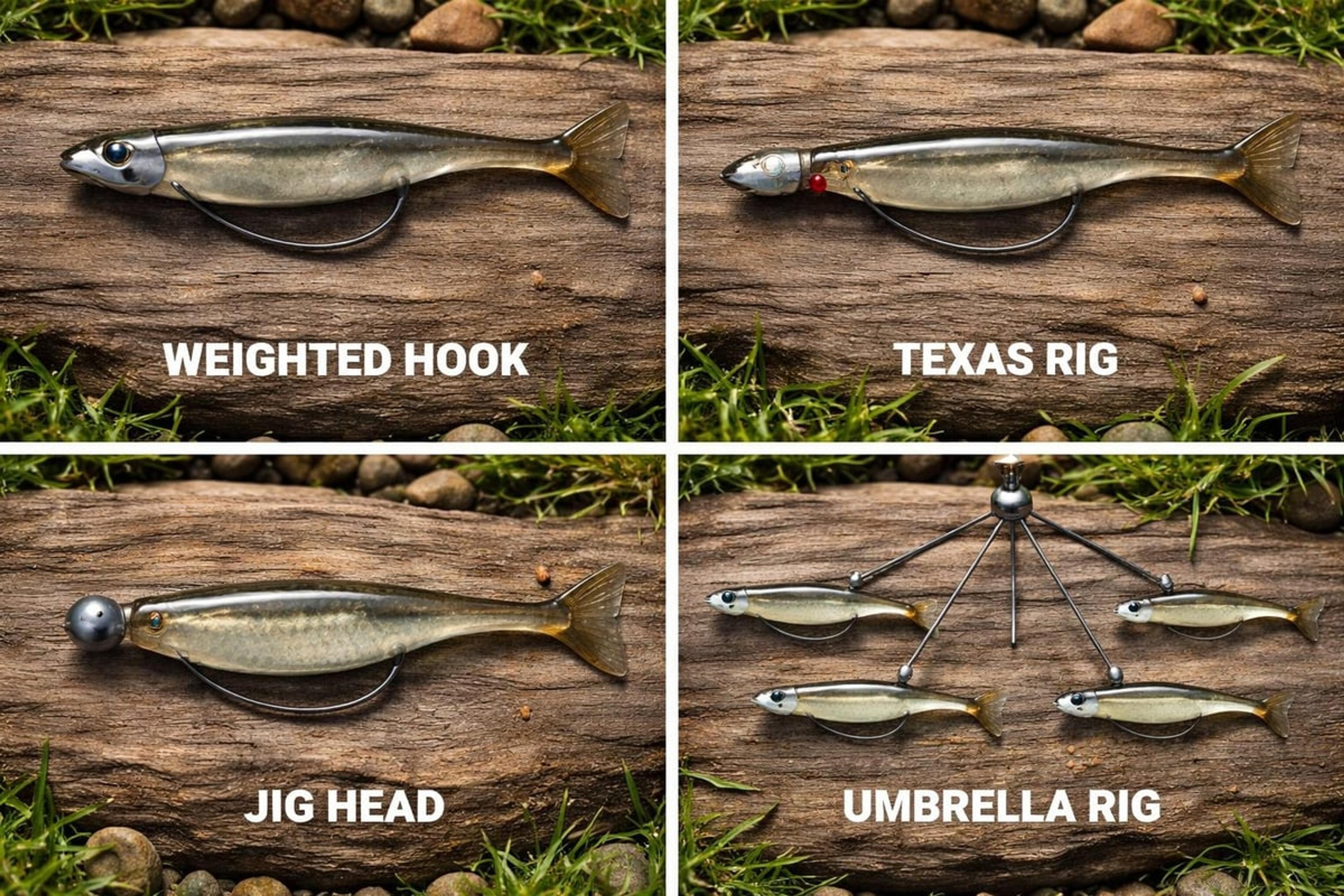 Four swimbait rigging options labelled Weighted Hook, Texas Rig, Jig Head and Umbrella Rig