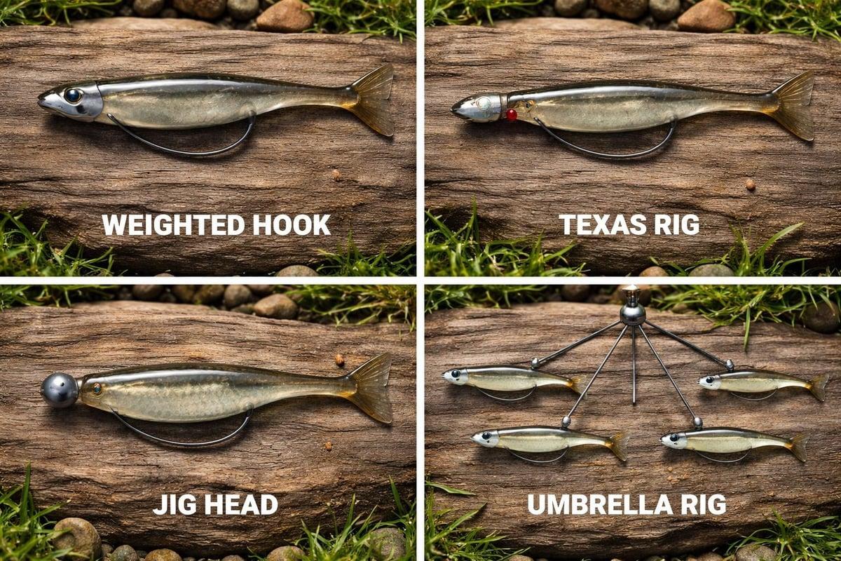 Four swimbait rigging options labelled Weighted Hook, Texas Rig, Jig Head and Umbrella Rig