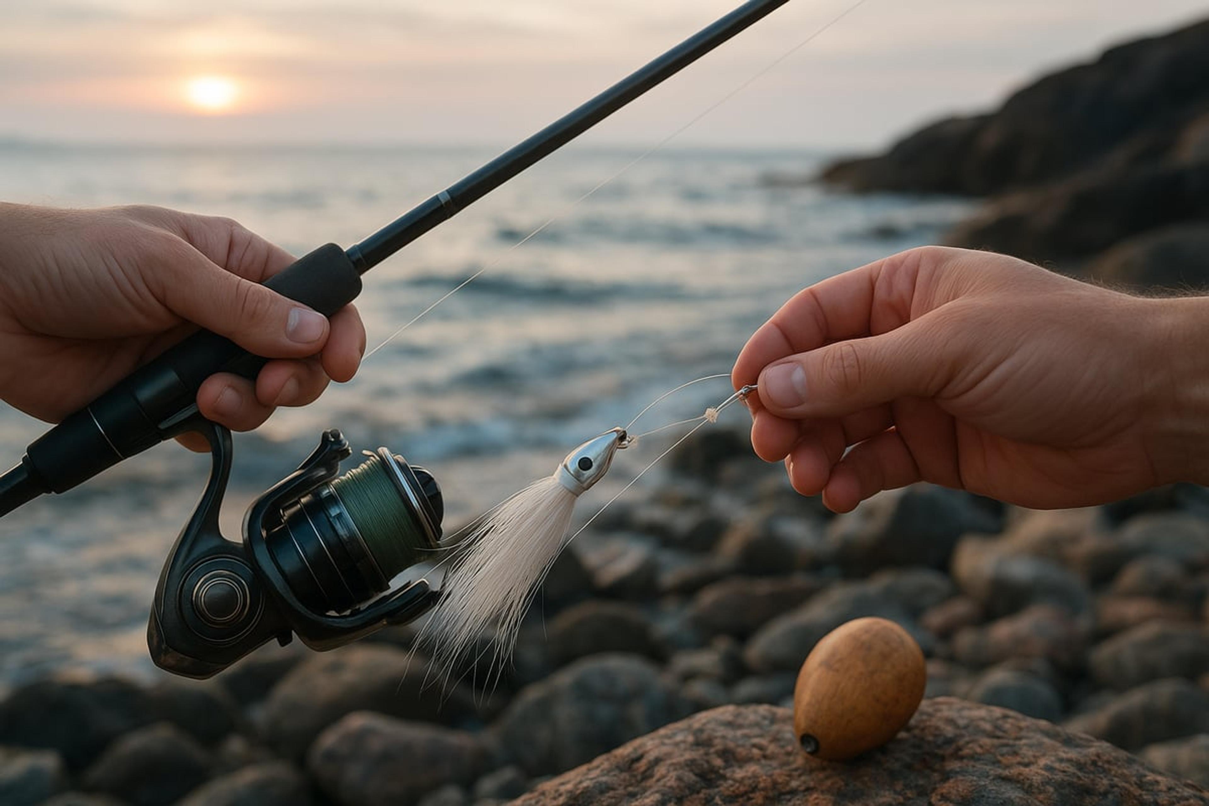 Hands tying a white bucktail jig to the line of a spinning outfit on a rocky shore