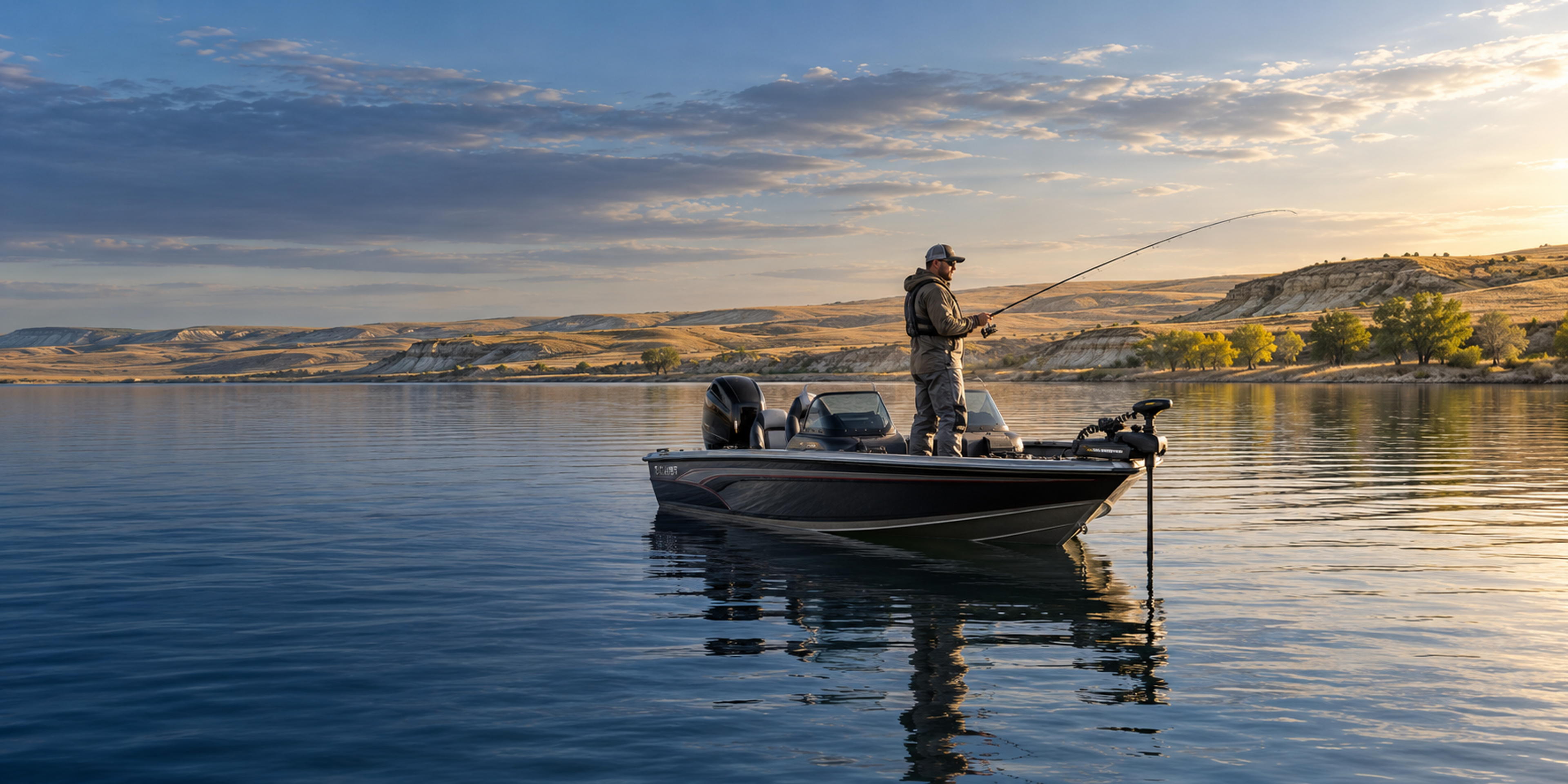 An angler casts from a fishing boat on a calm reservoir bordered by golden prairie hills and eroded bluffs.