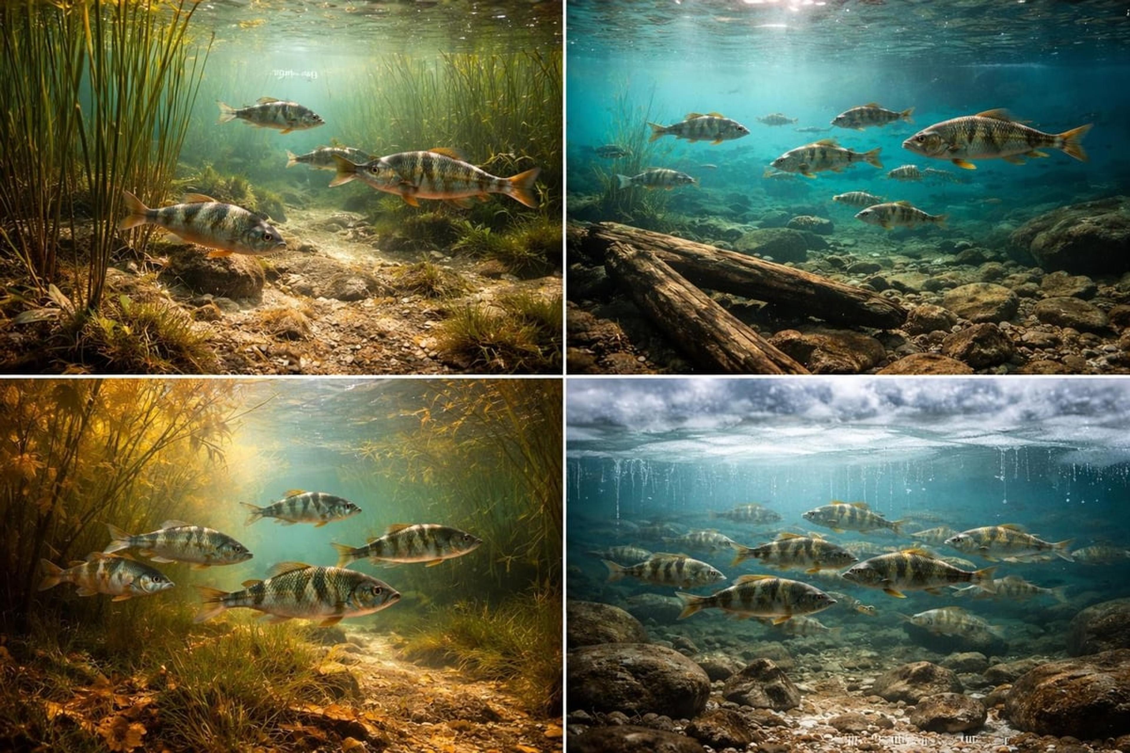 Four underwater scenes of perch schools among weeds, around fallen logs, in open water and over rocky shallows
