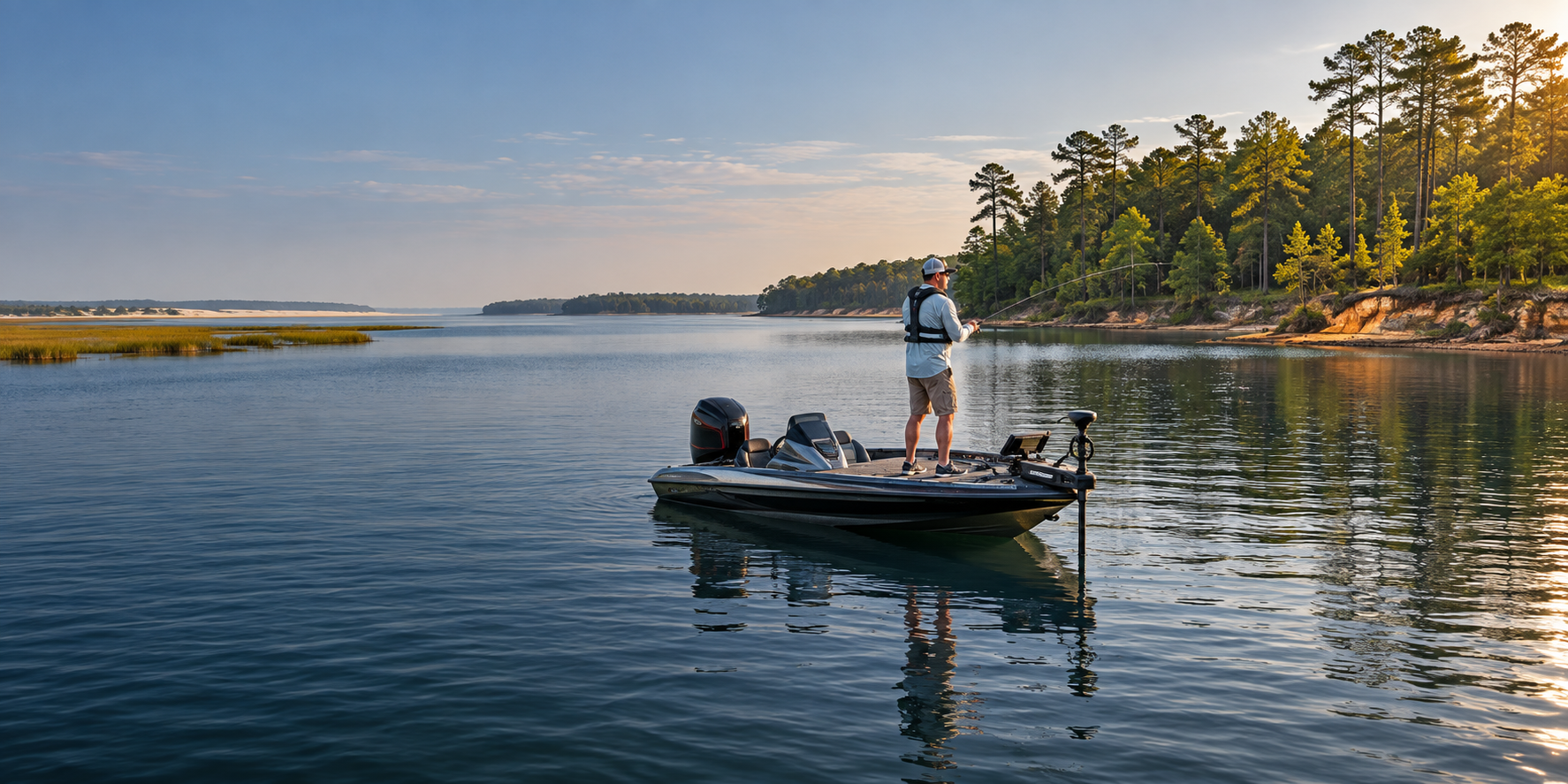 An angler in a life vest casts from a bass boat on a calm bay, with marsh grass and a pine-lined shore at sunrise.