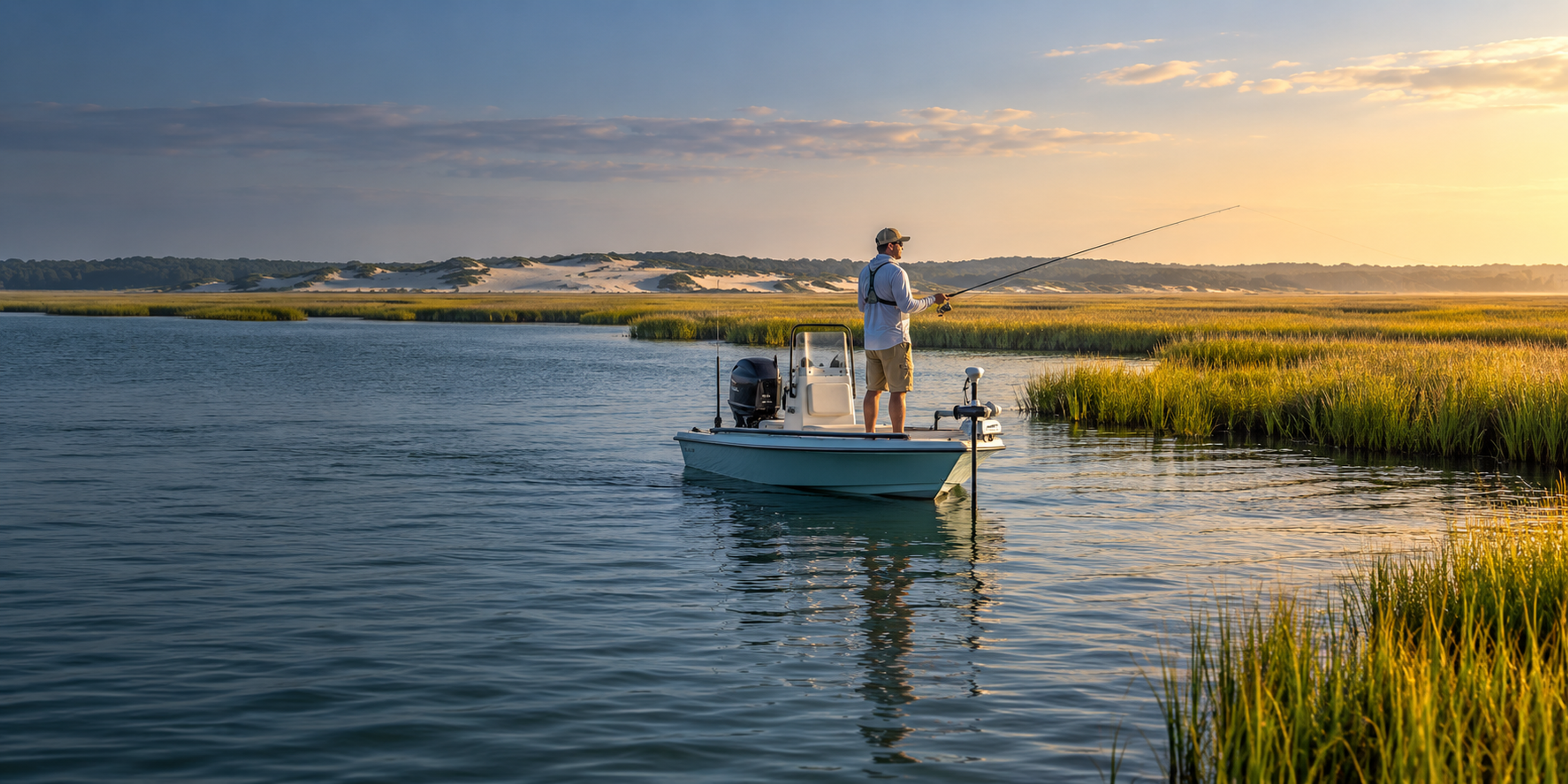 An angler casts from a skiff in a tidal marsh channel, with sand dunes and marsh grass in golden light.