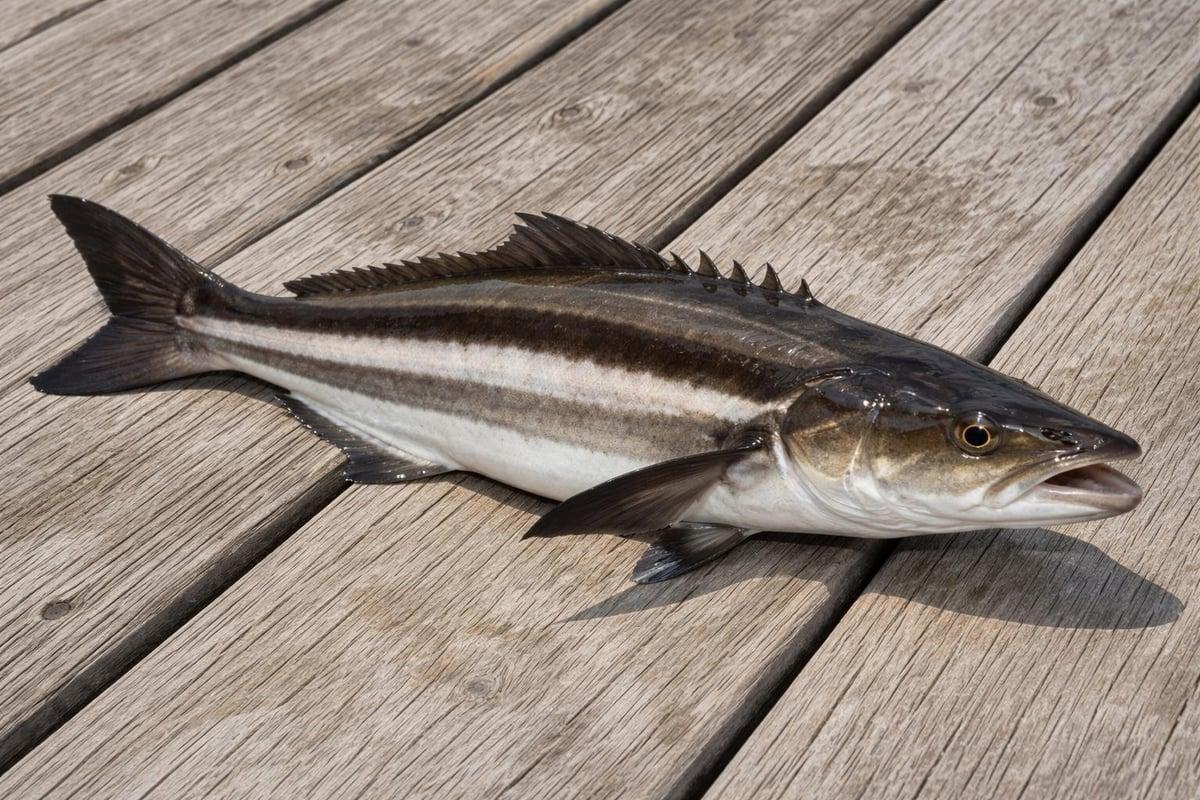 Cobia with dark and light horizontal stripes lying on a wooden dock