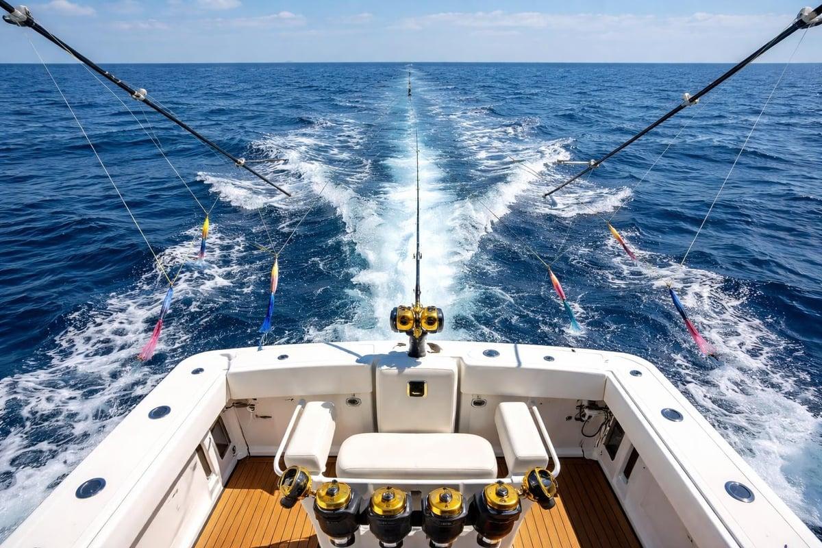 View from the stern of a sportfishing boat with outriggers spread and several baits trailing in the white wake