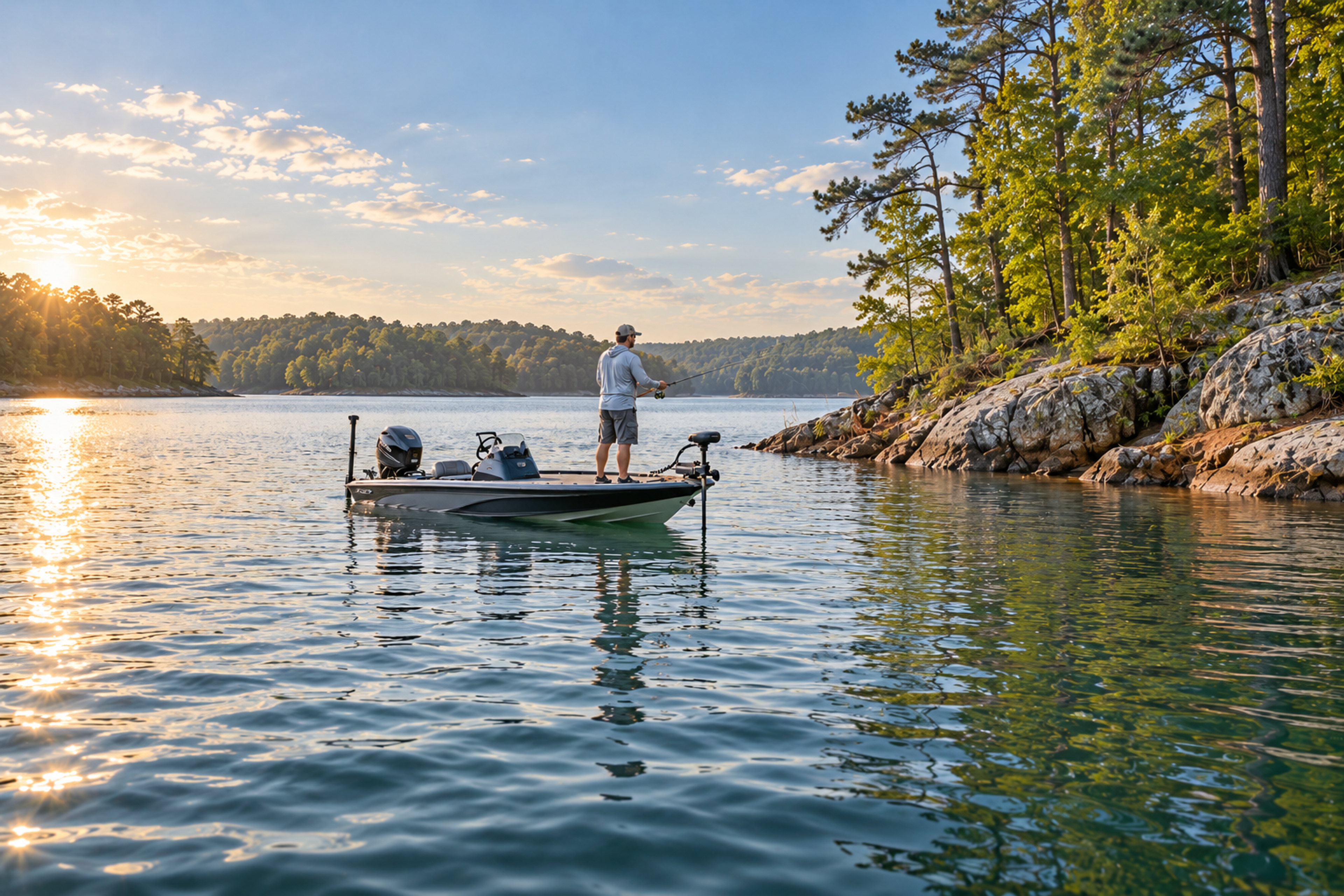 An angler casts from a bass boat toward a rocky, pine-covered point on a calm lake at sunrise.