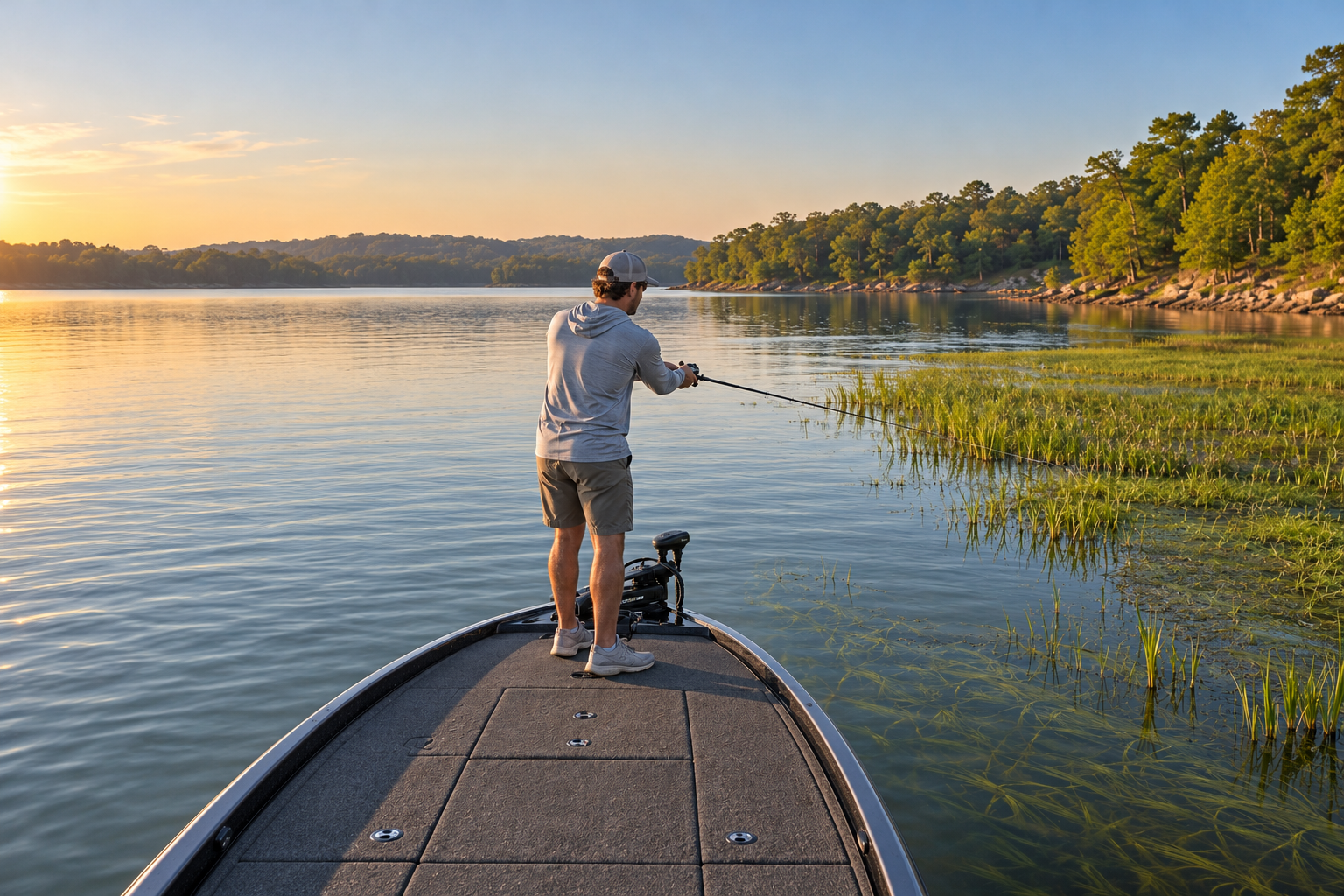 An angler on the bow of a bass boat casting toward a grassy shoreline on a calm, tree-lined lake at sunrise