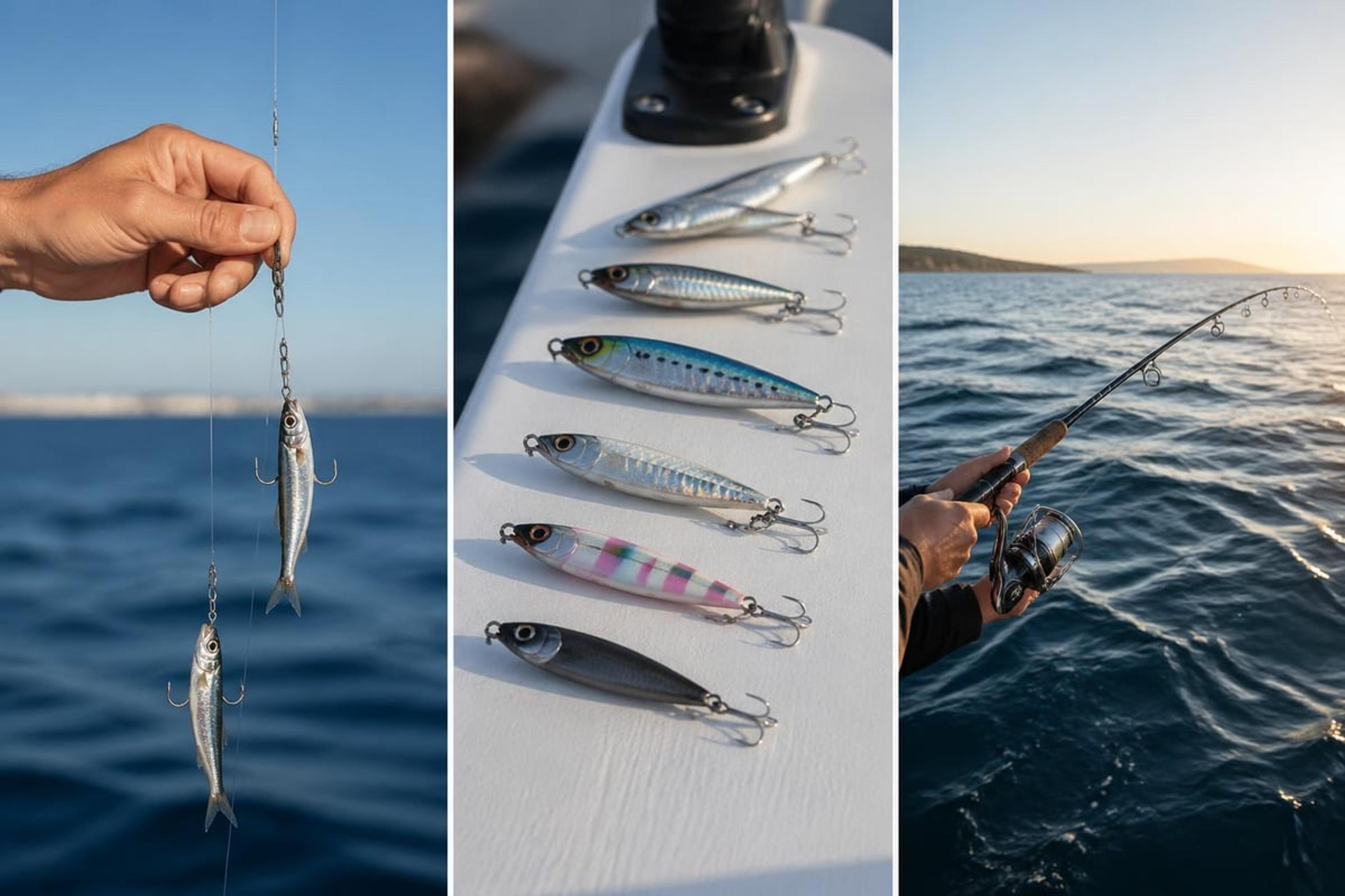 Three panels: a hand holding a multi-hook bait rig with small fish, a row of metal jigs on a boat gunwale, and an angler reeling in at sea