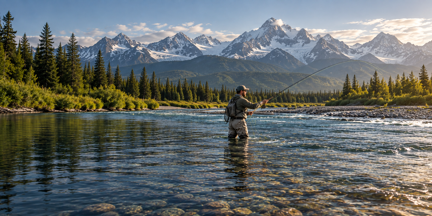 An angler wades a clear river and casts toward the far bank, with spruce forest and snow-covered peaks beyond.