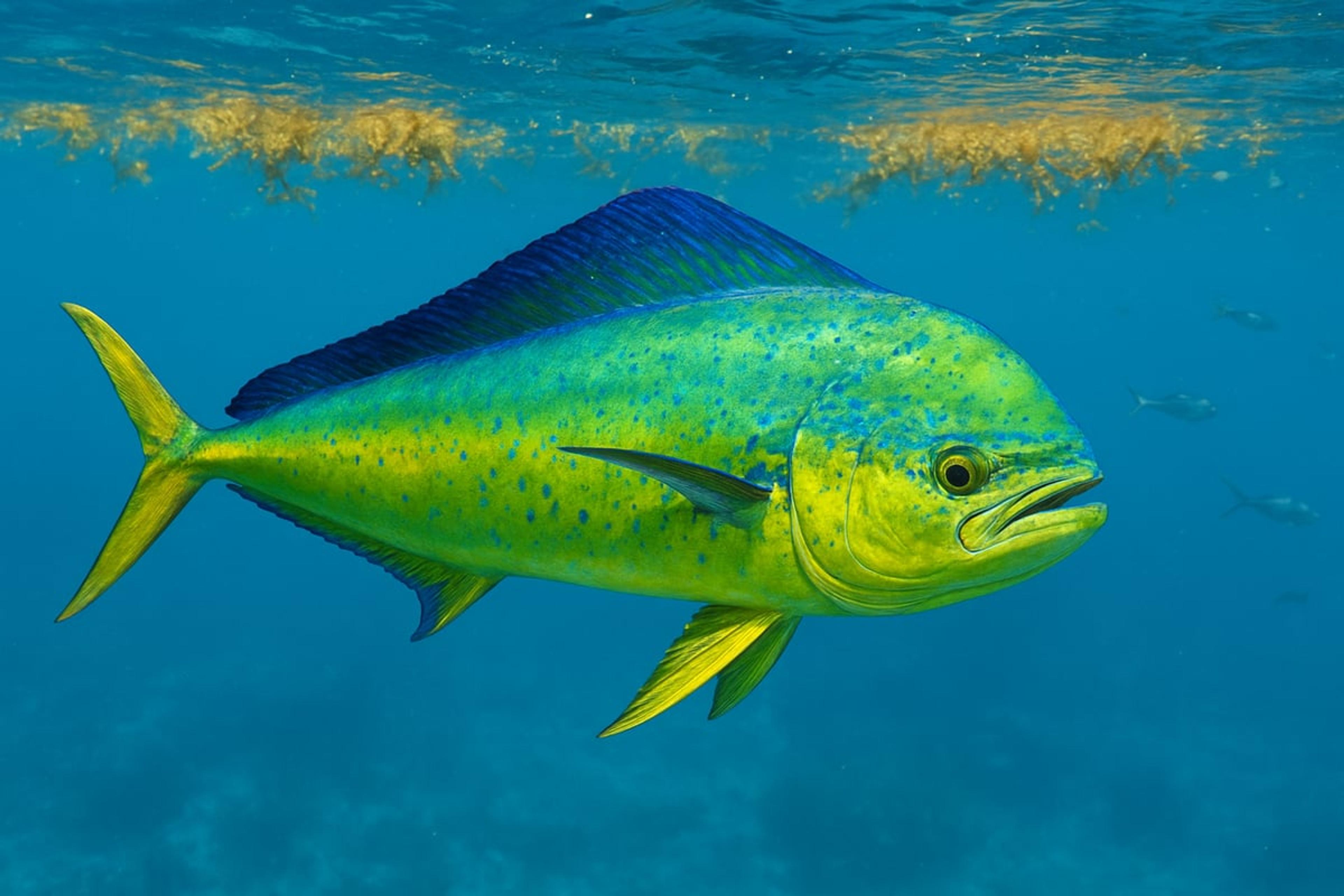 Mahi-mahi with a blue back and bright green-yellow speckled sides swimming just below floating sargassum weed