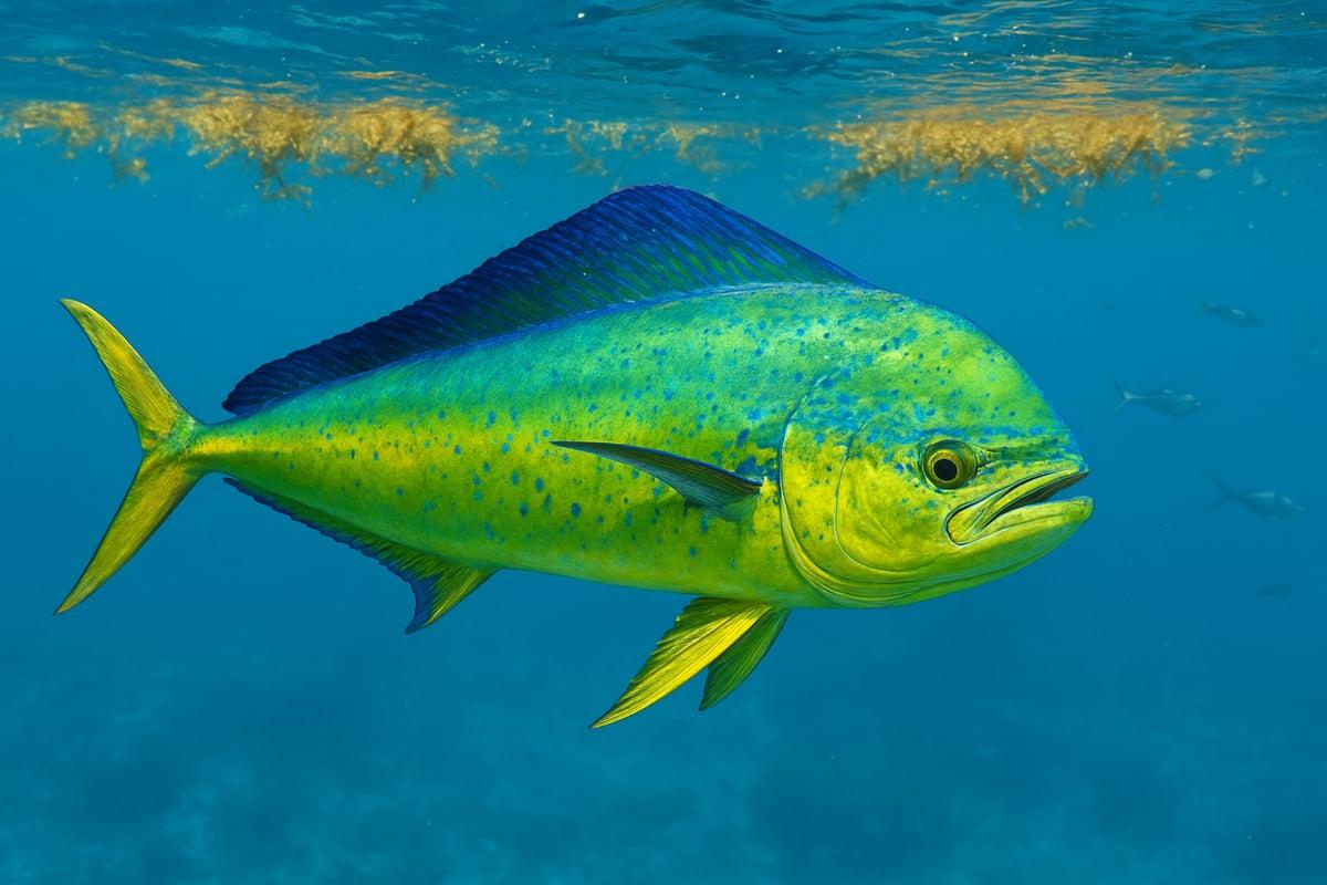 Mahi-mahi with a blue back and bright green-yellow speckled sides swimming just below floating sargassum weed