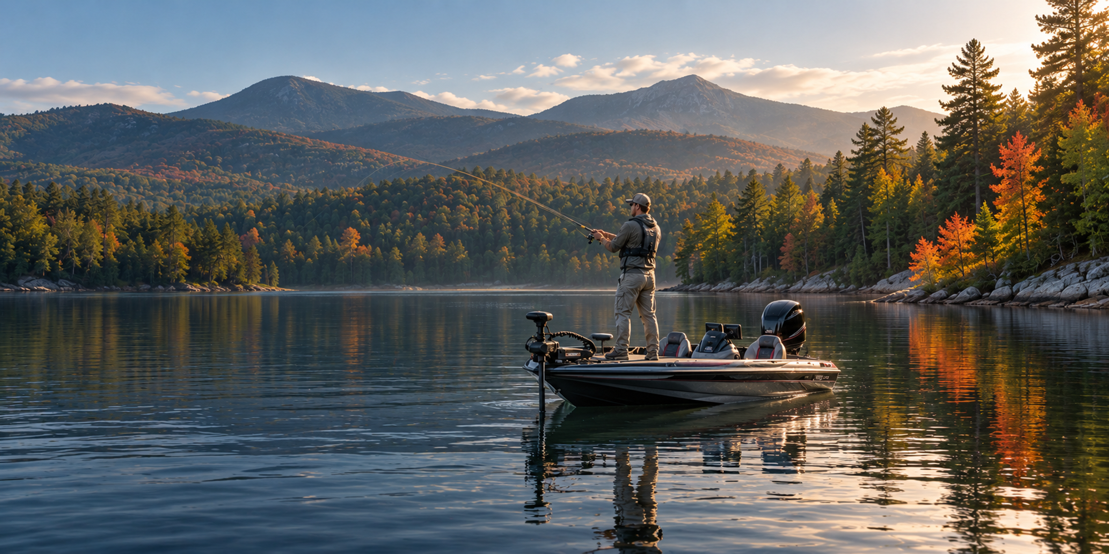 An angler casts from a bass boat on a calm lake ringed by autumn-colored trees and forested mountains.