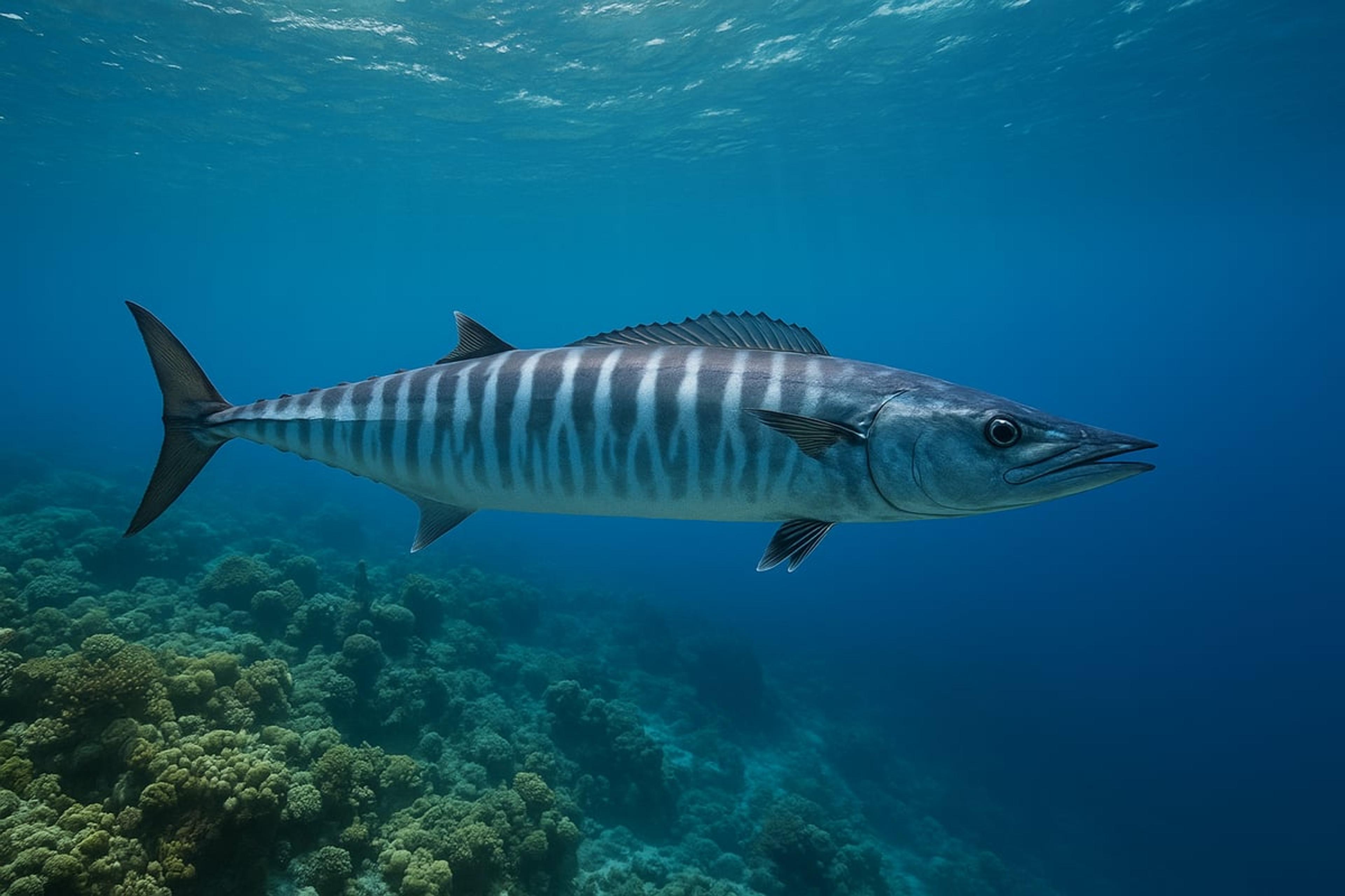 Wahoo swimming over a reef in deep blue water