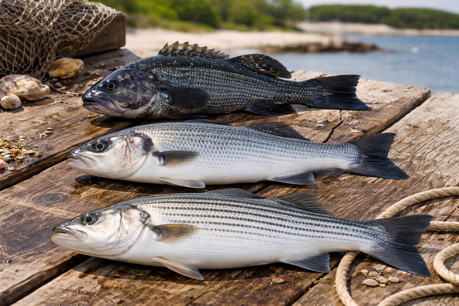 Three fish on a wooden dock: one dark-scaled bass above two silver fish with dark horizontal stripes