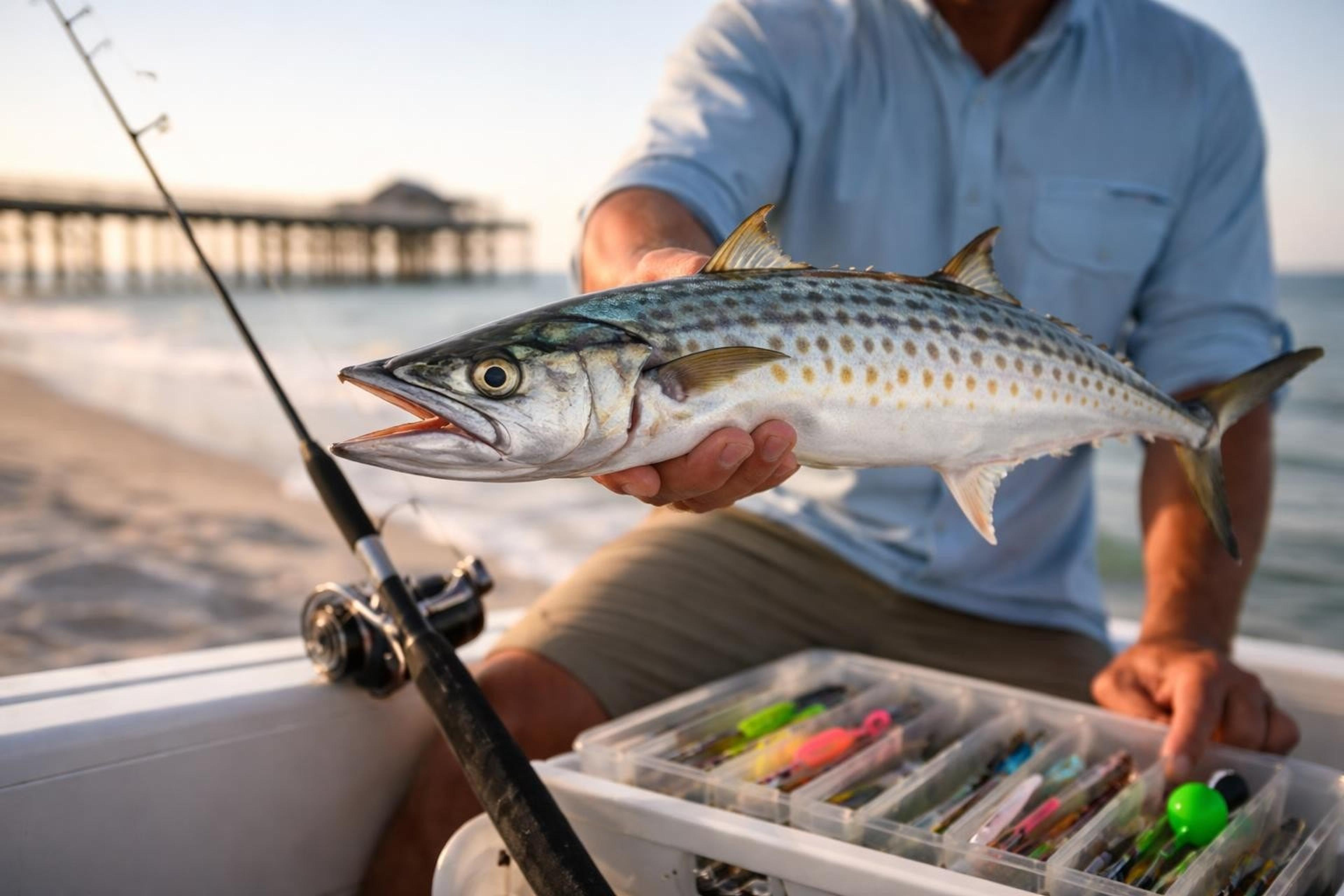 Angler on a boat holding a spotted Spanish mackerel above an open box of jigs and lures, with a pier in the background