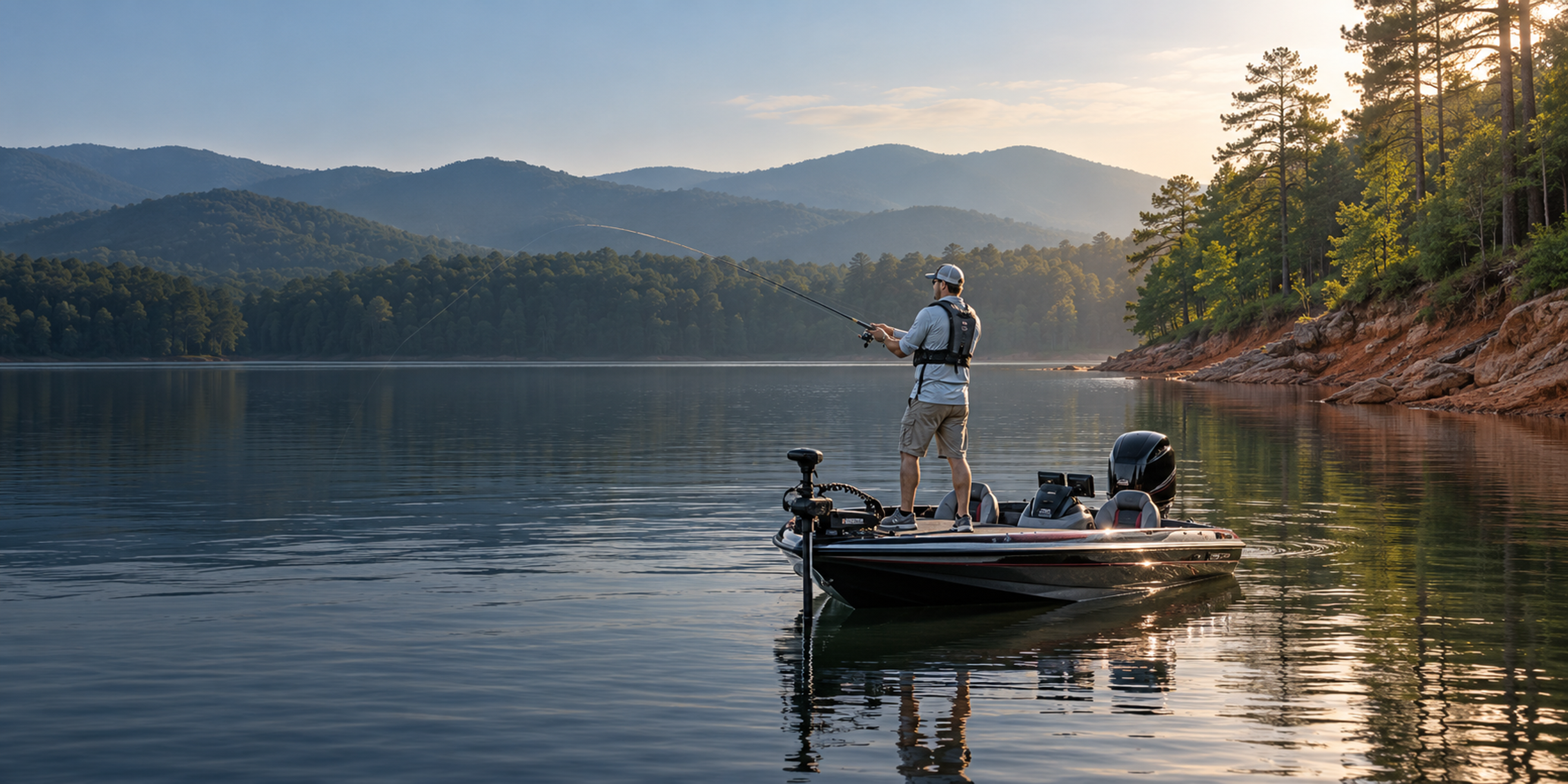 An angler in a life vest casts from a bass boat on a calm lake ringed by pine-covered hills and red clay banks.