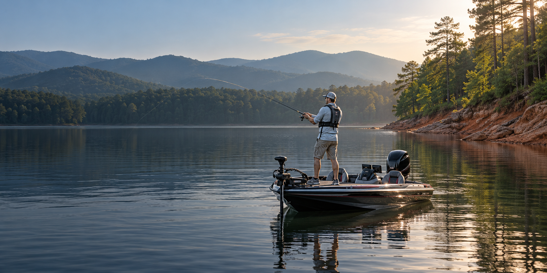 An angler in a life vest casts from a bass boat on a calm lake ringed by pine-covered hills and red clay banks.