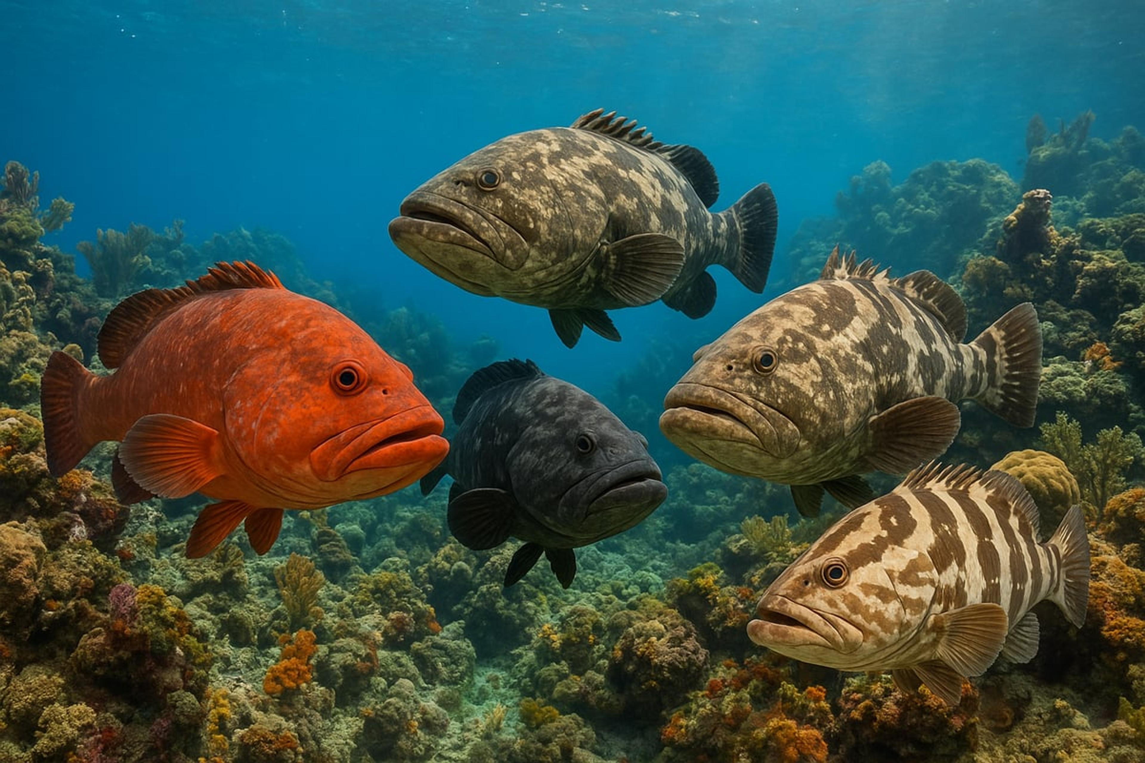 Several groupers swimming over a coral reef, including a bright orange-red fish, a dark fish and three with tan-and-brown mottled patterns