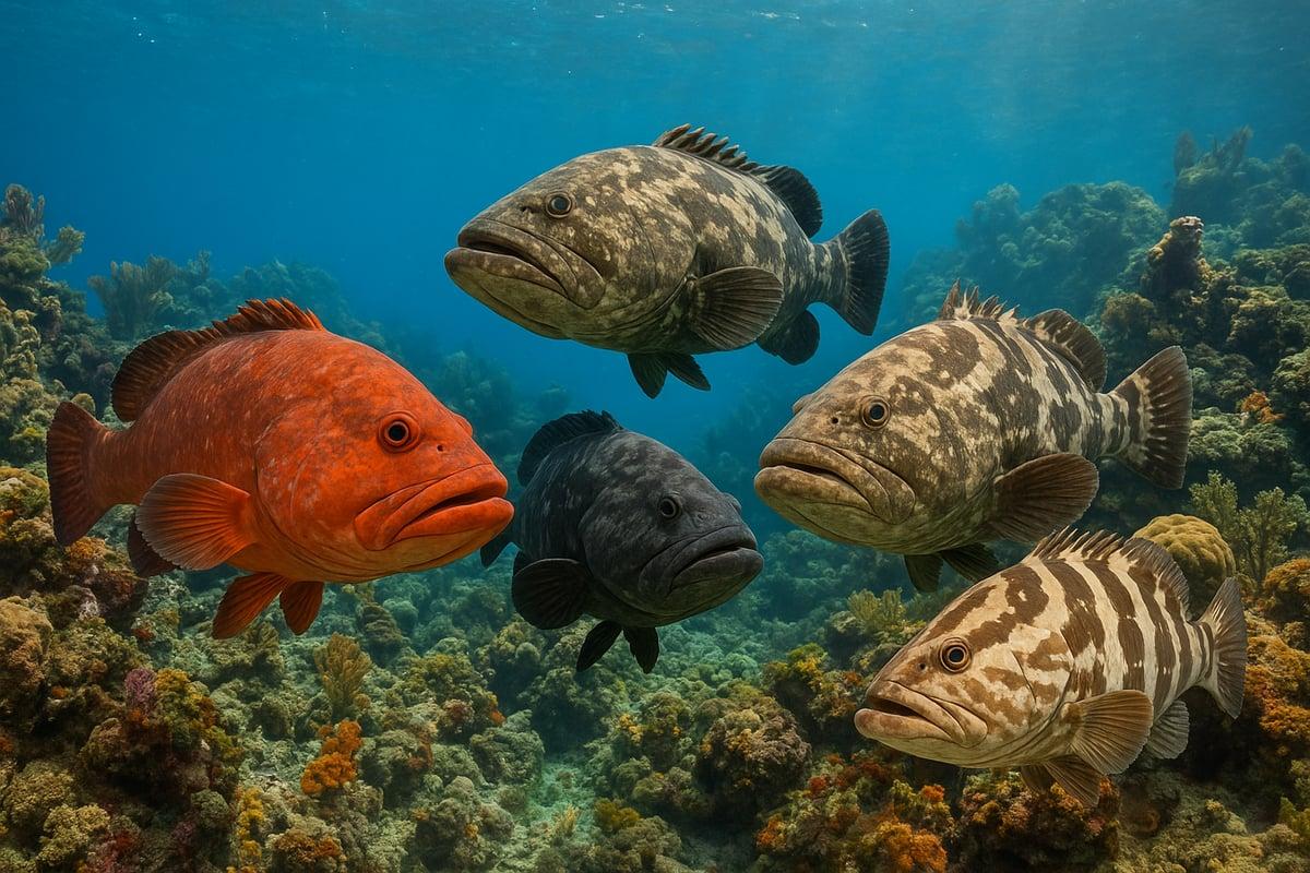 Several groupers swimming over a coral reef, including a bright orange-red fish, a dark fish and three with tan-and-brown mottled patterns