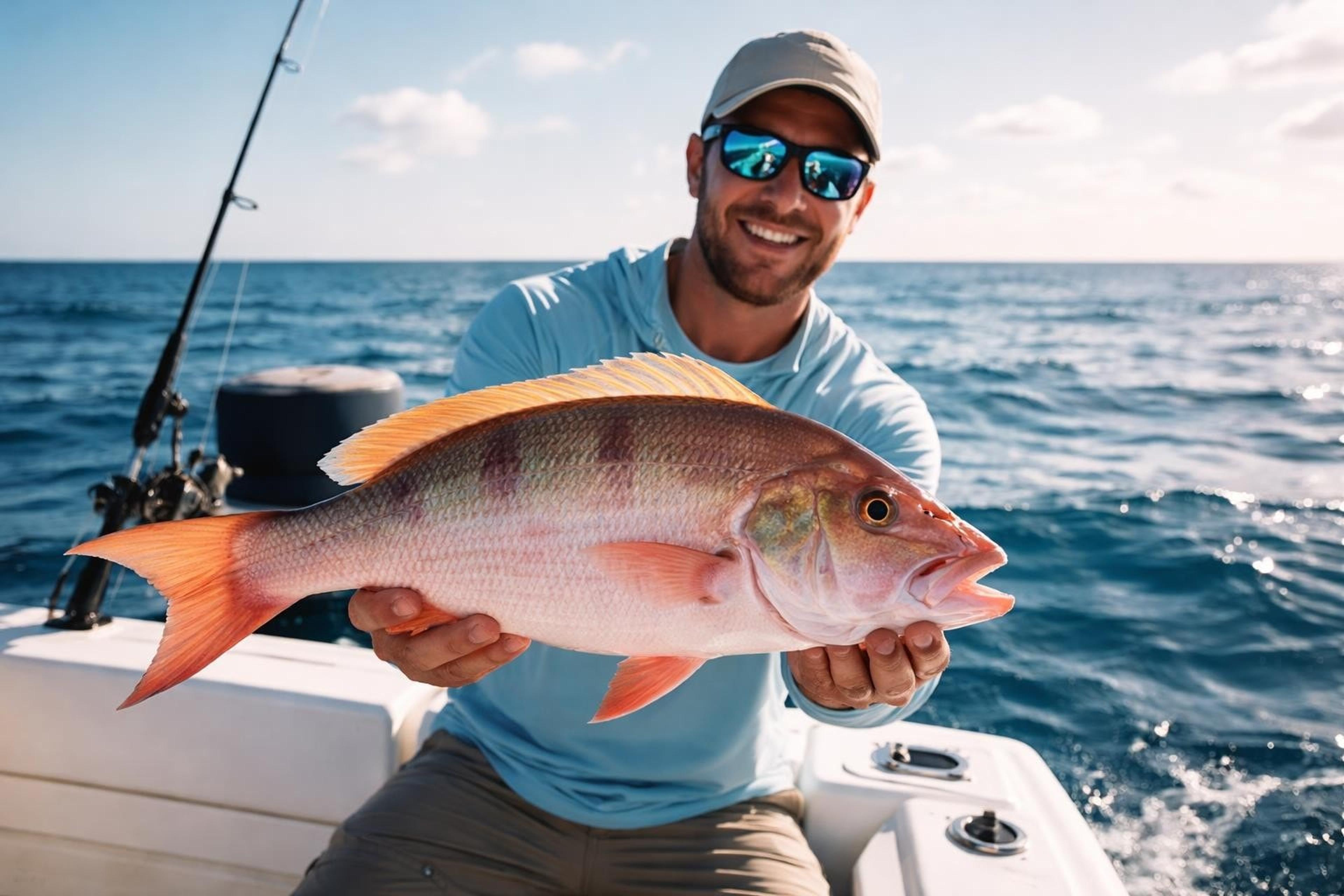 Smiling angler on an offshore boat holding a large reddish snapper