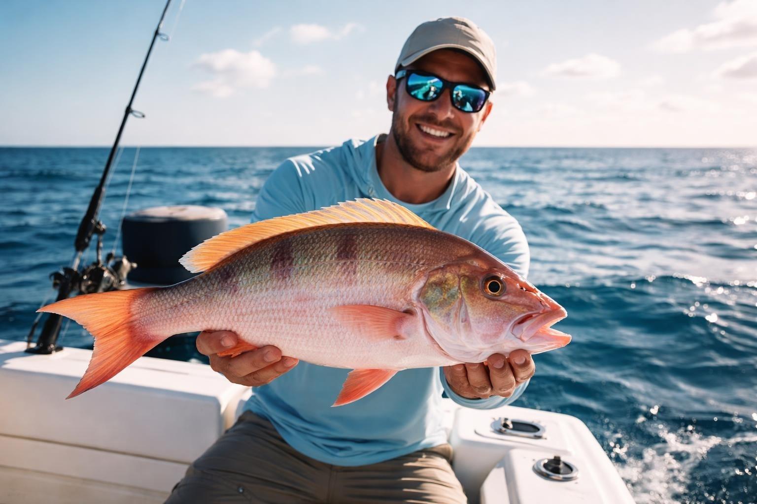 Smiling angler on an offshore boat holding a large reddish snapper