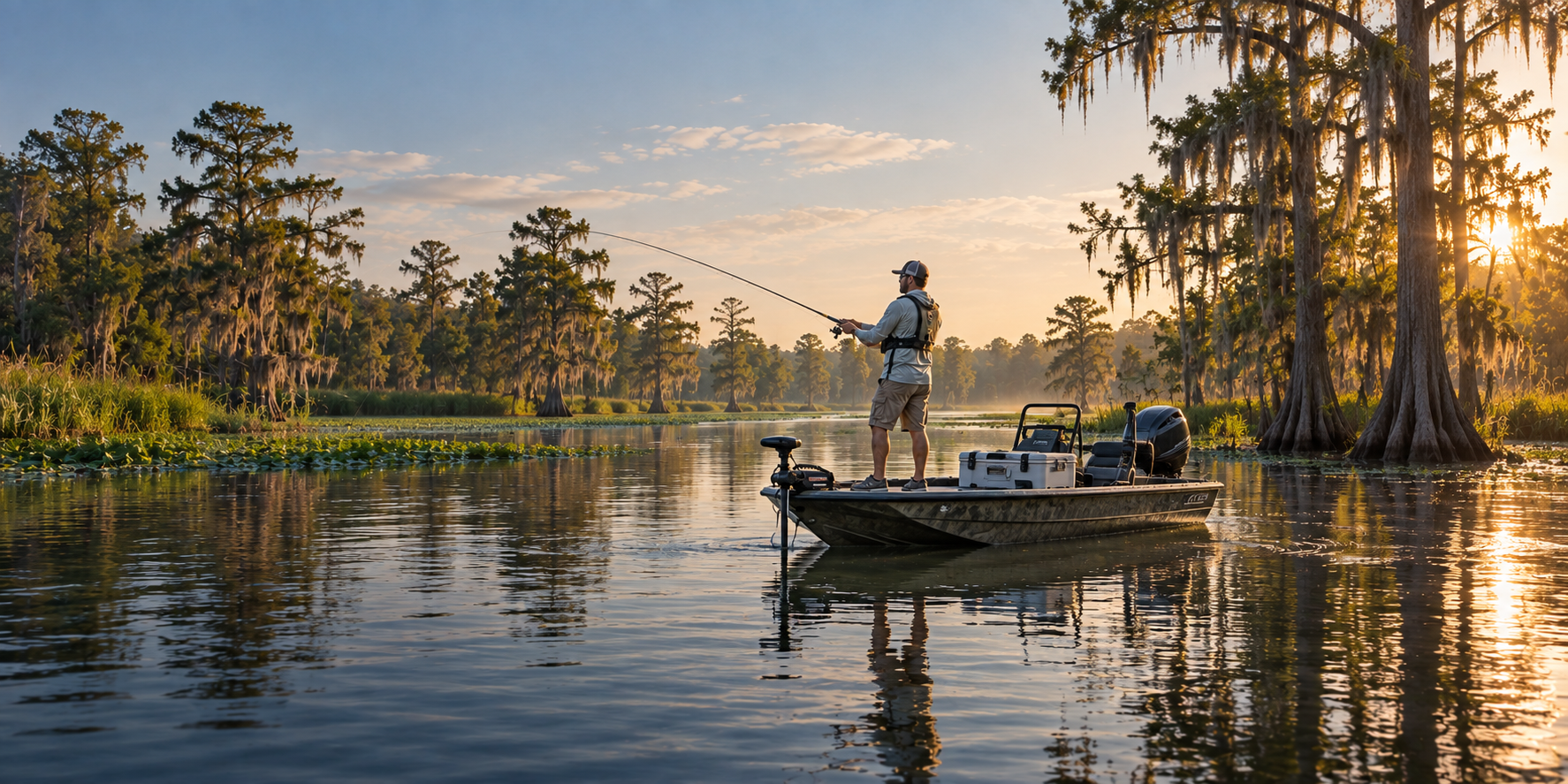 An angler casts from a flat-bottom boat on calm water among cypress trees draped in Spanish moss.
