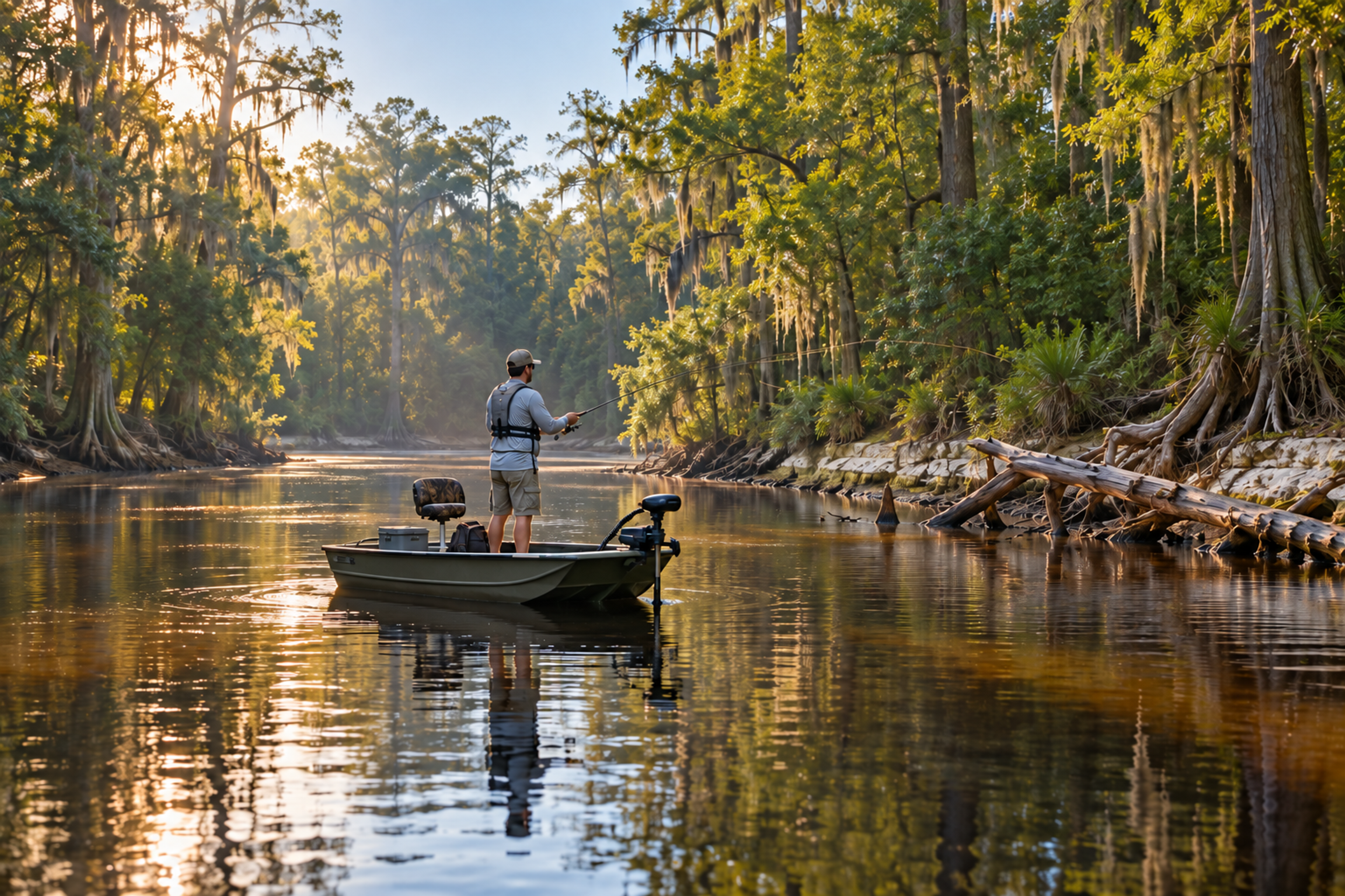 An angler casts from a small johnboat on a calm, tea-colored river lined with moss-draped cypress trees, limestone banks and a fallen tree.