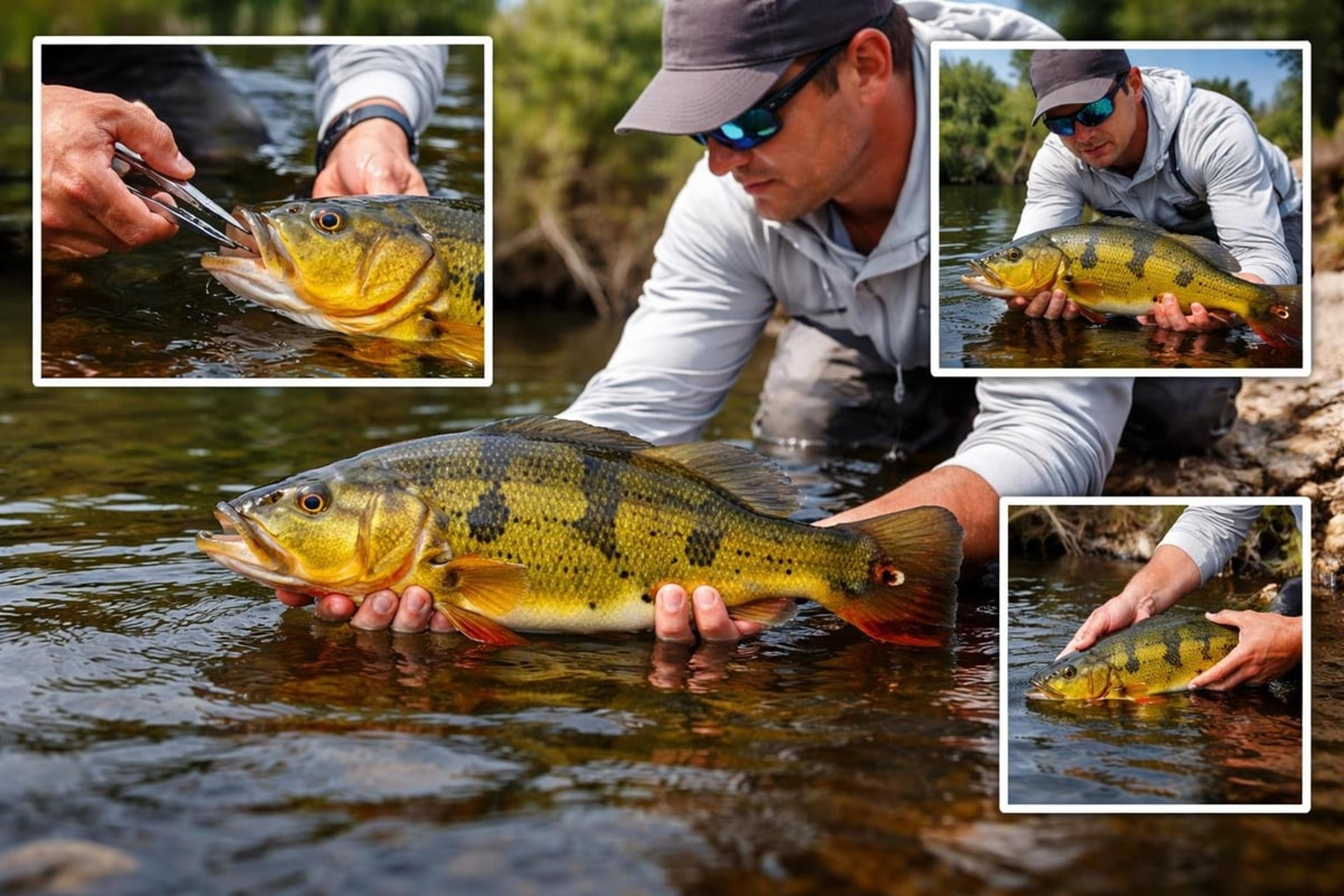 Angler kneeling in a river cradling a peacock bass for release, with insets showing hook removal and letting the fish go