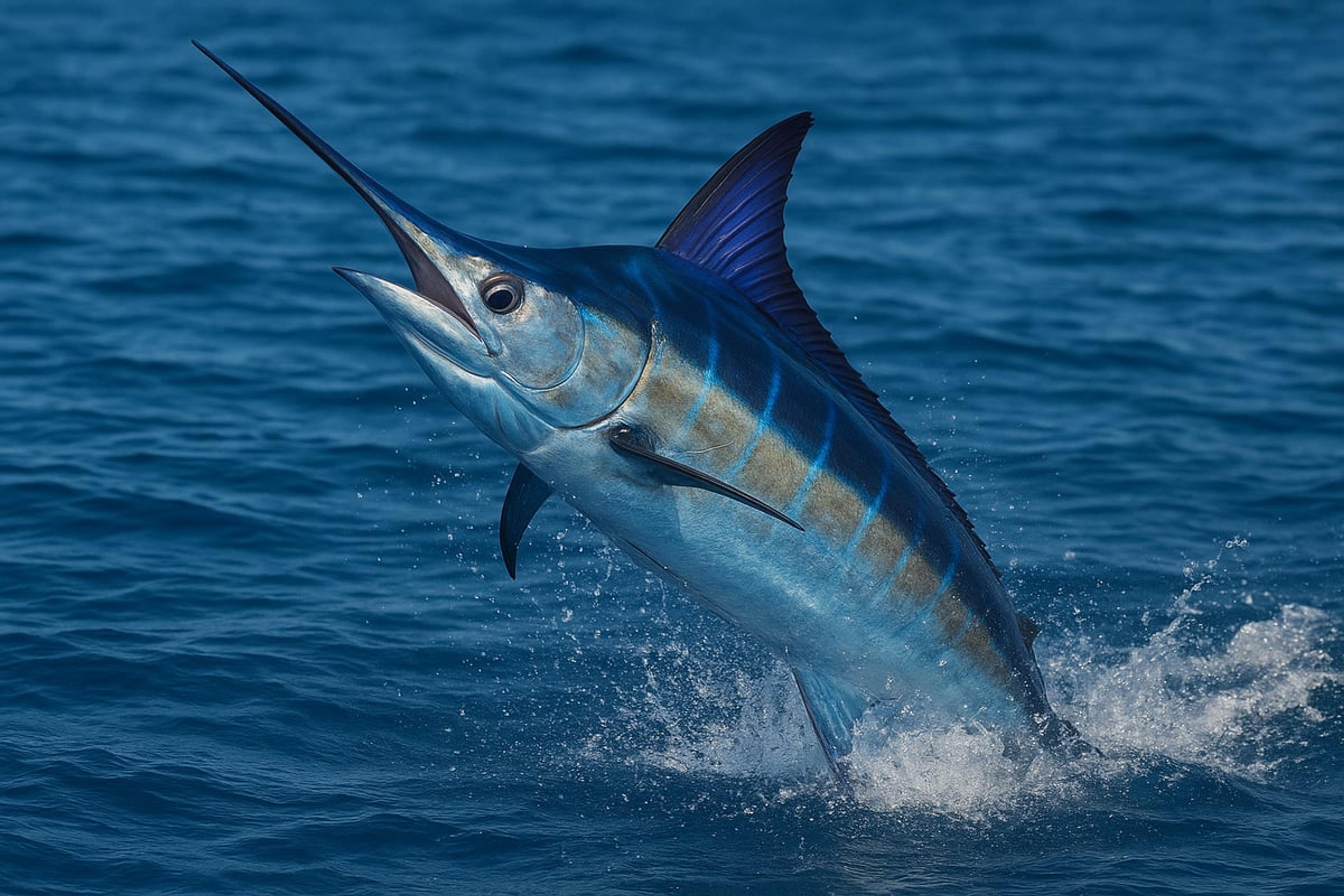 Blue marlin leaping clear of the ocean surface