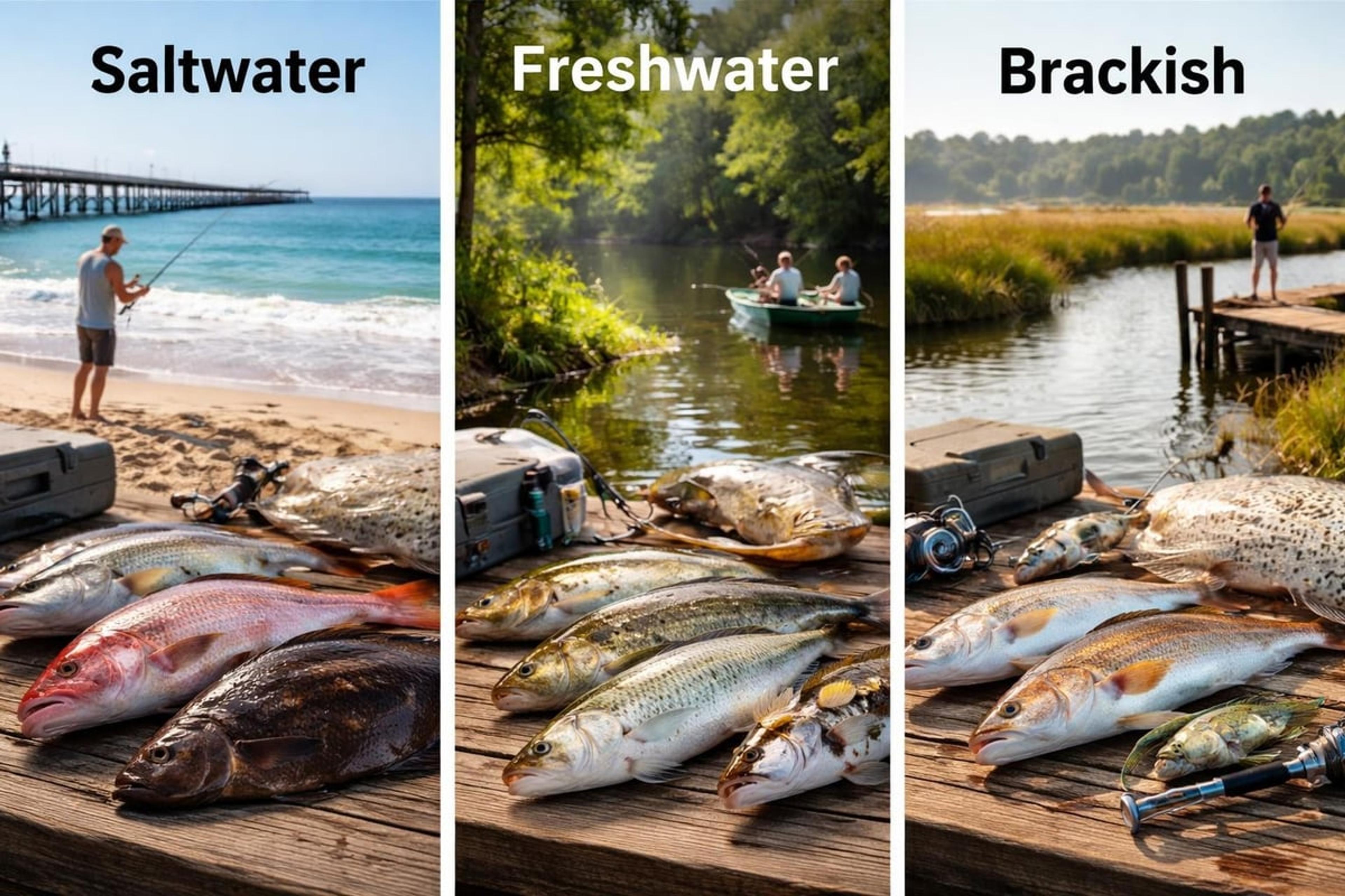 Three panels labelled Saltwater, Freshwater and Brackish, each showing an angler at that kind of water with a catch laid out in front