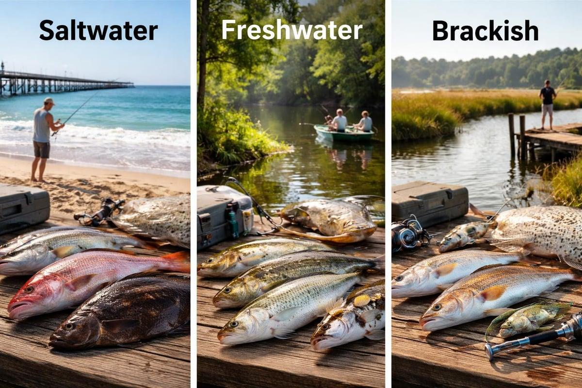 Three panels labelled Saltwater, Freshwater and Brackish, each showing an angler at that kind of water with a catch laid out in front