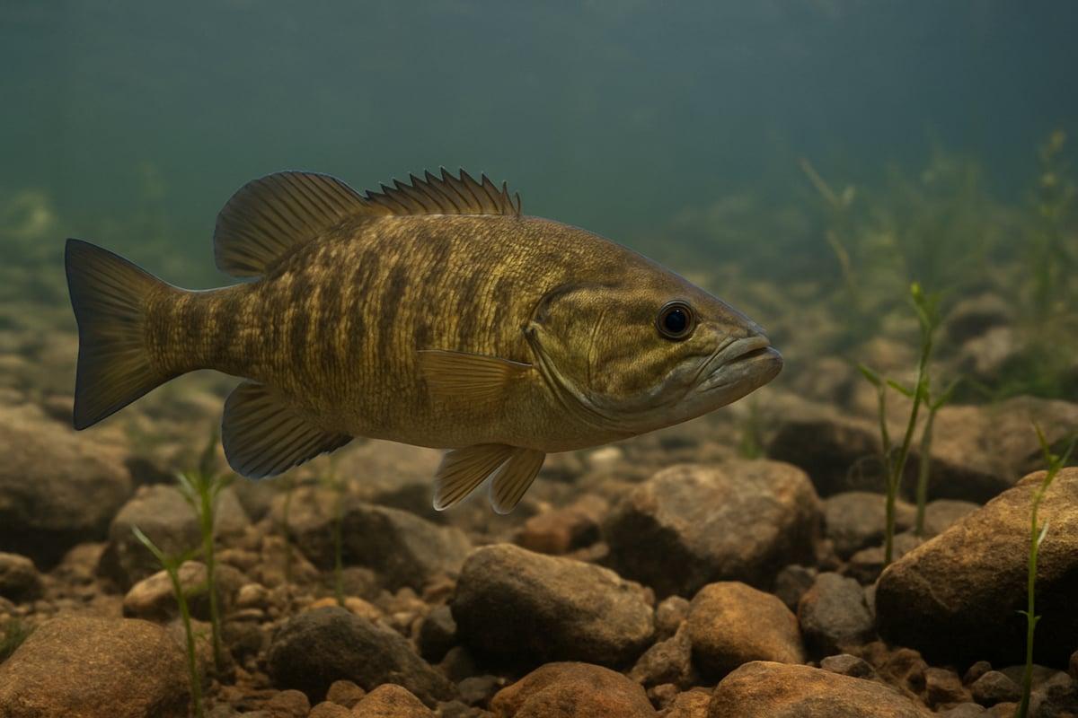 Smallmouth bass with dark vertical bars swimming over a rocky bottom