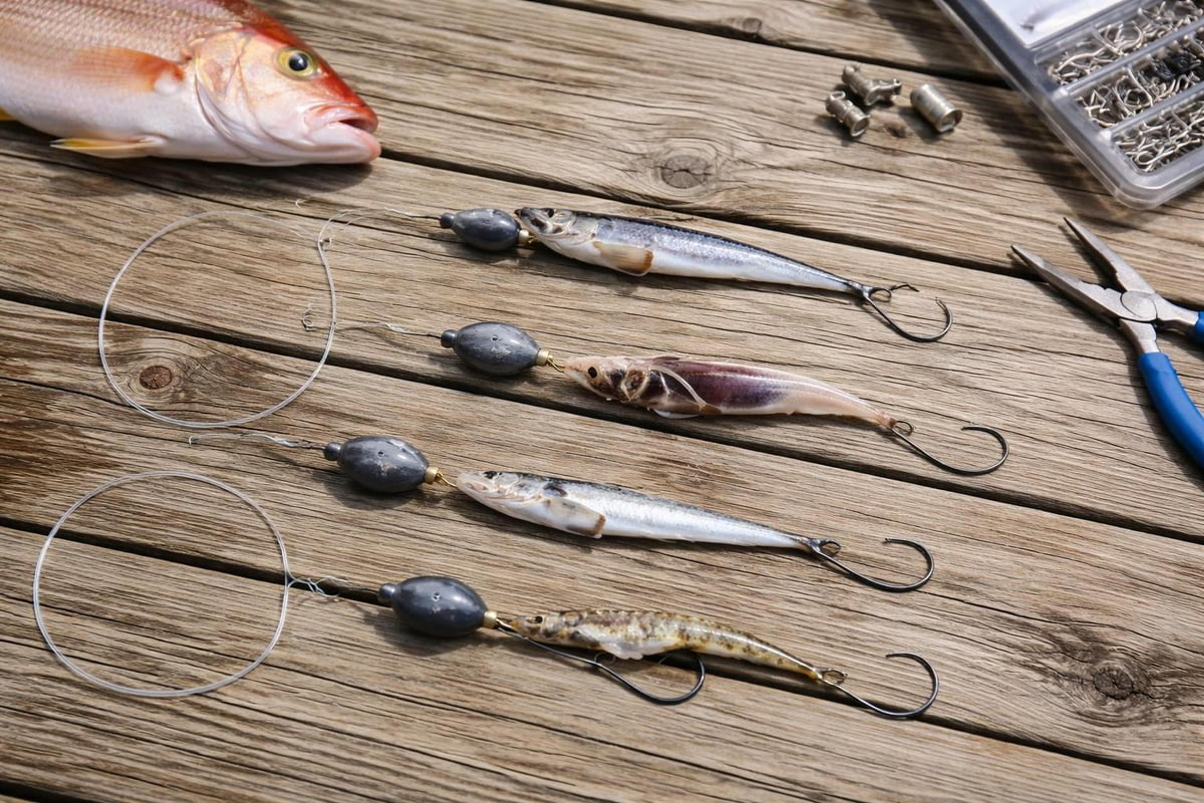 Four bottom rigs laid on a dock, each with an egg sinker, leader and hooked baitfish, beside pliers and a box of hooks