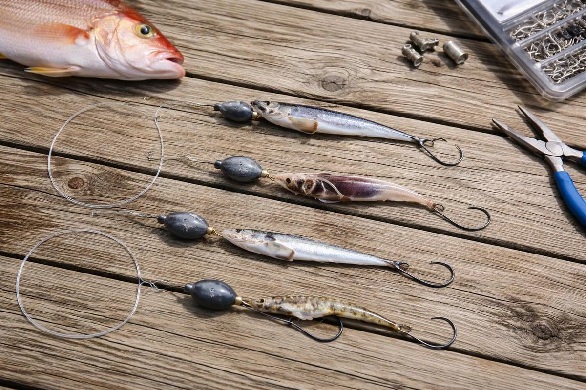 Four bottom rigs laid on a dock, each with an egg sinker, leader and hooked baitfish, beside pliers and a box of hooks