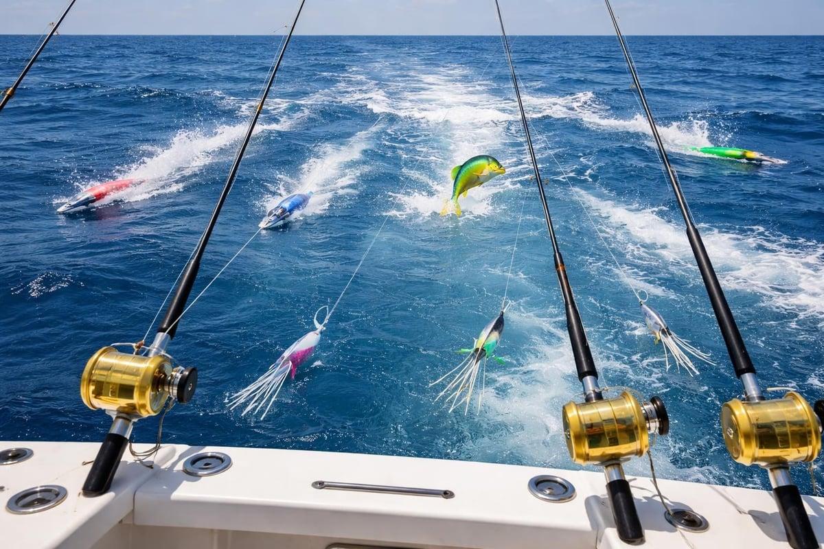 Trolling spread seen from the stern of a boat, with four rods in holders and skirted lures skipping in the wake