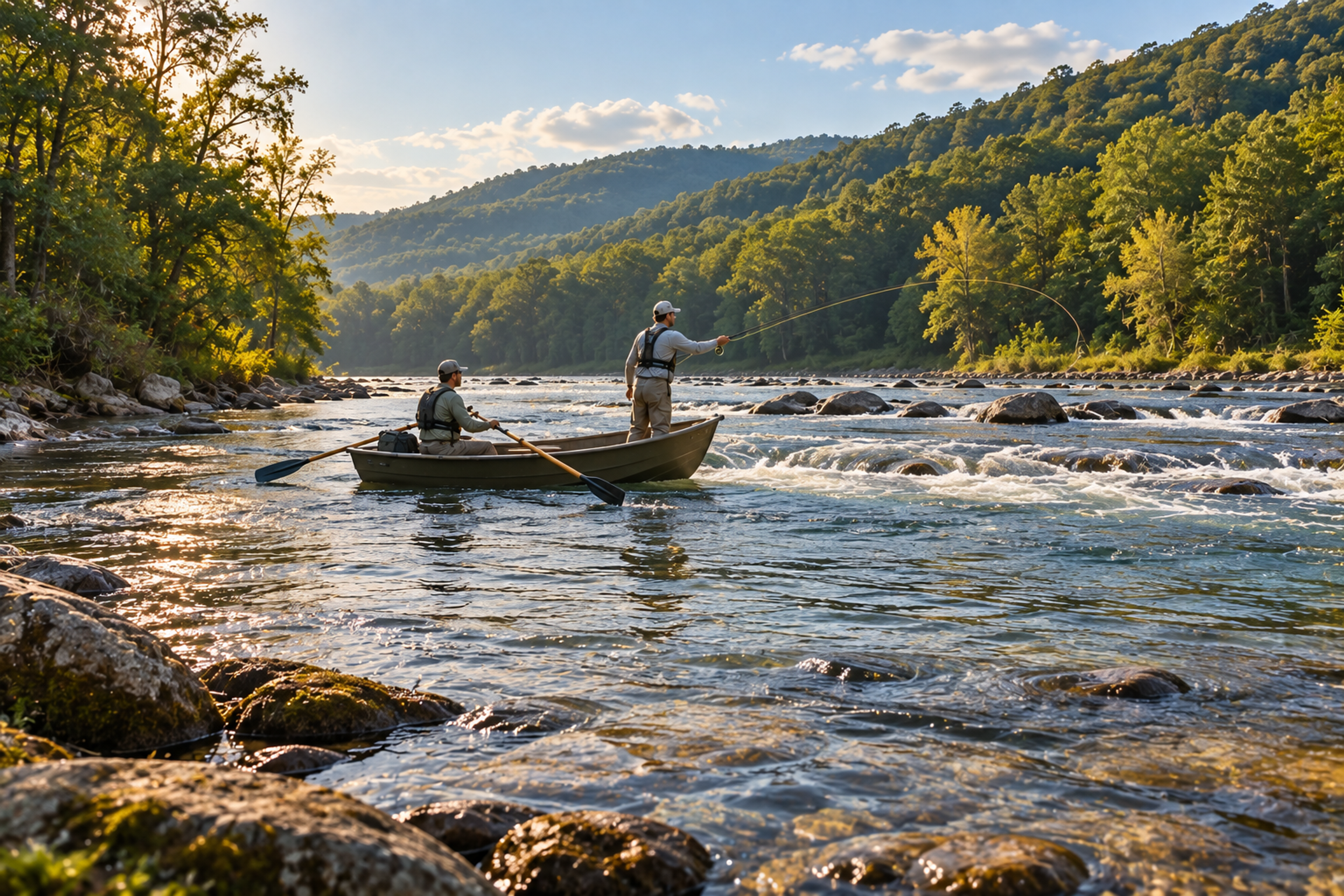 Two anglers fish from a small boat on a broad, rocky river, one casting a fly line as the other rows, below steep wooded hills.