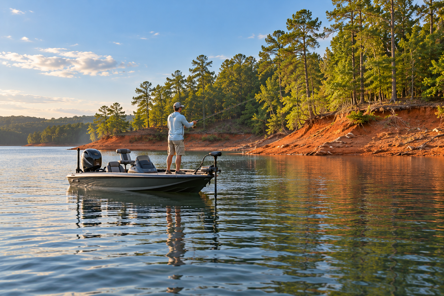 An angler casts from a bass boat beside red-clay banks and pine trees on a calm reservoir in morning light.
