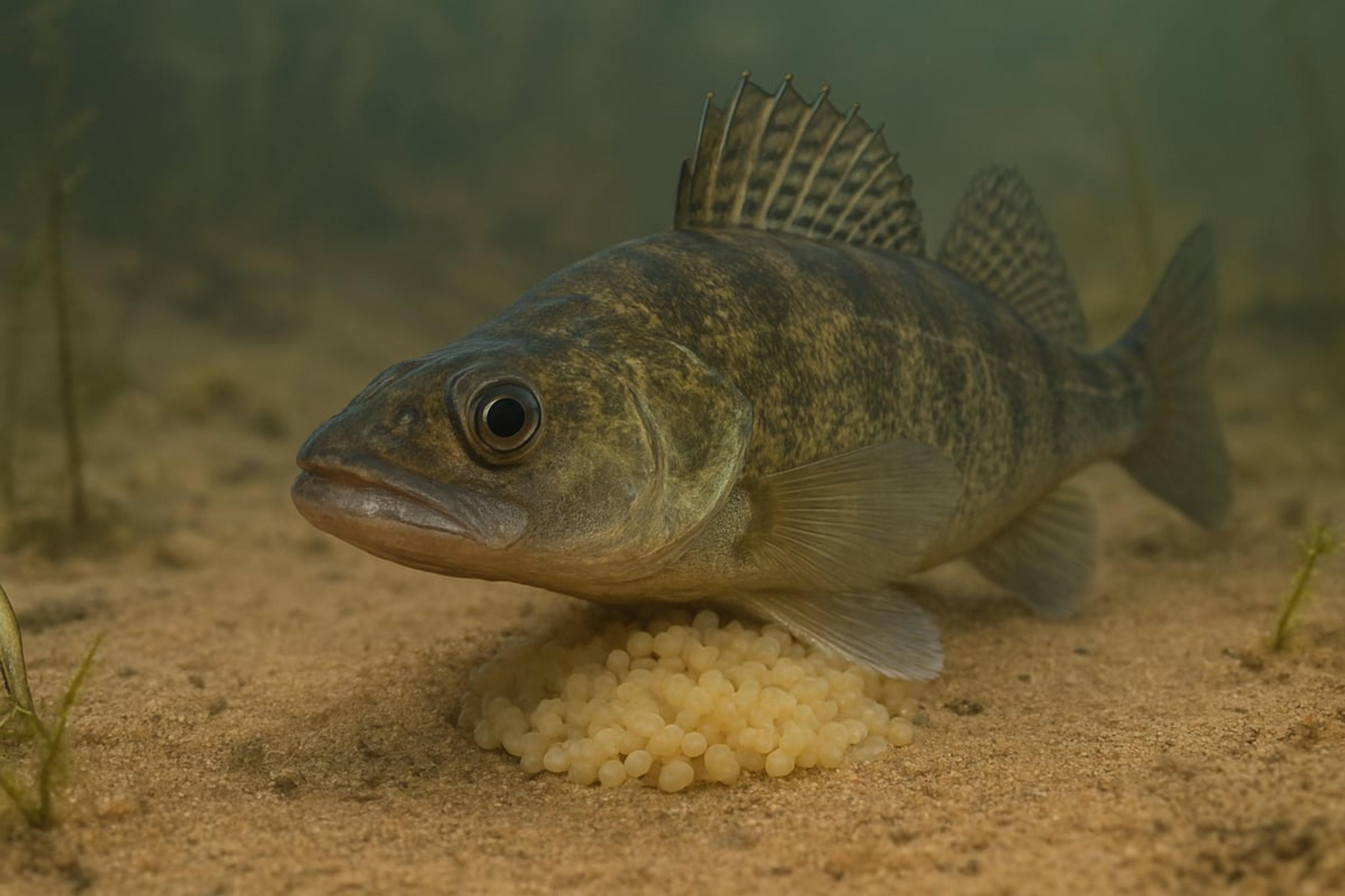 Zander resting beside a cluster of pale eggs on a sandy lake bed