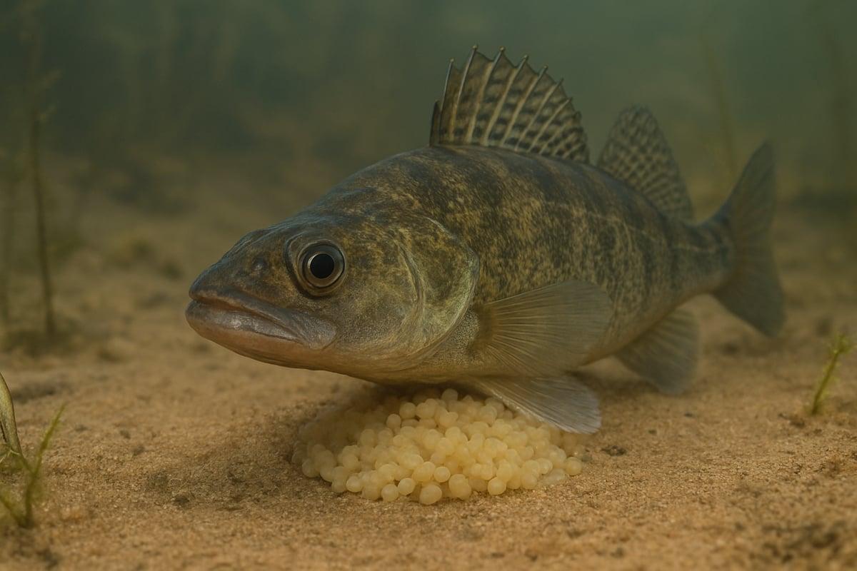 Zander resting beside a cluster of pale eggs on a sandy lake bed