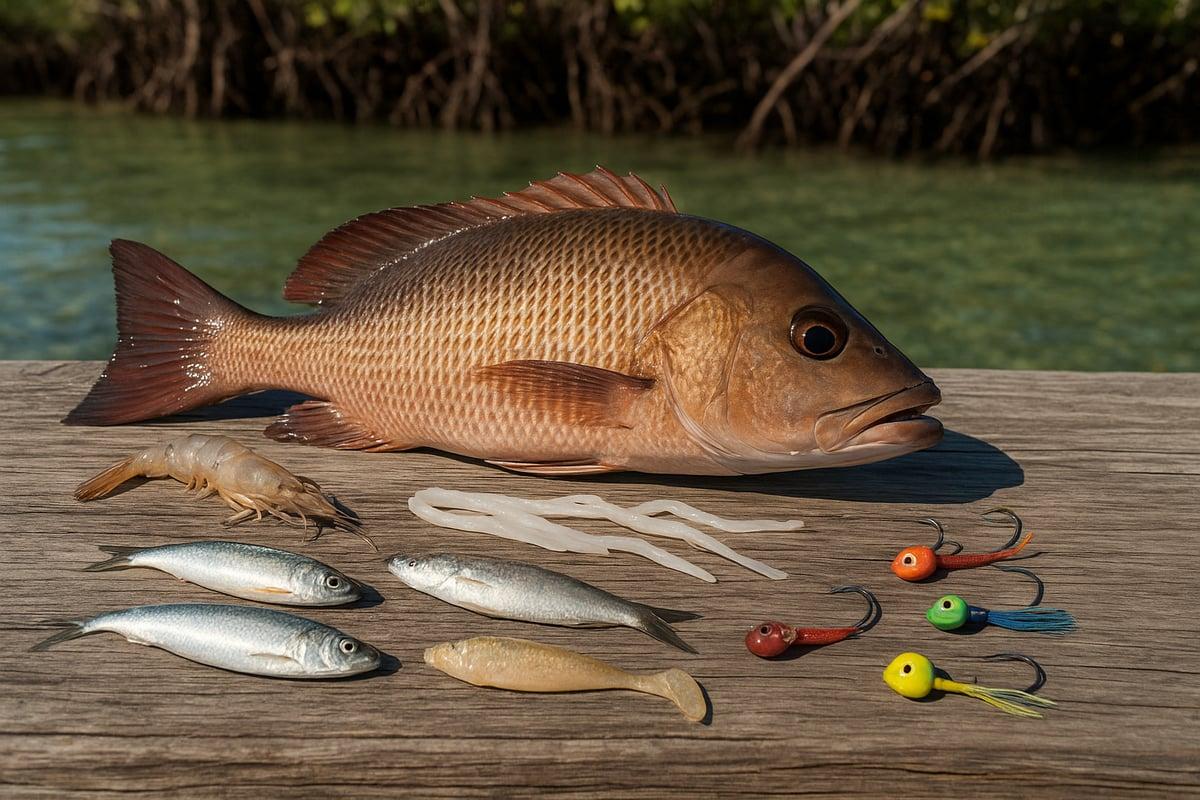 Mangrove snapper on a dock beside baits and lures: a shrimp, small baitfish, soft plastics and jigheads